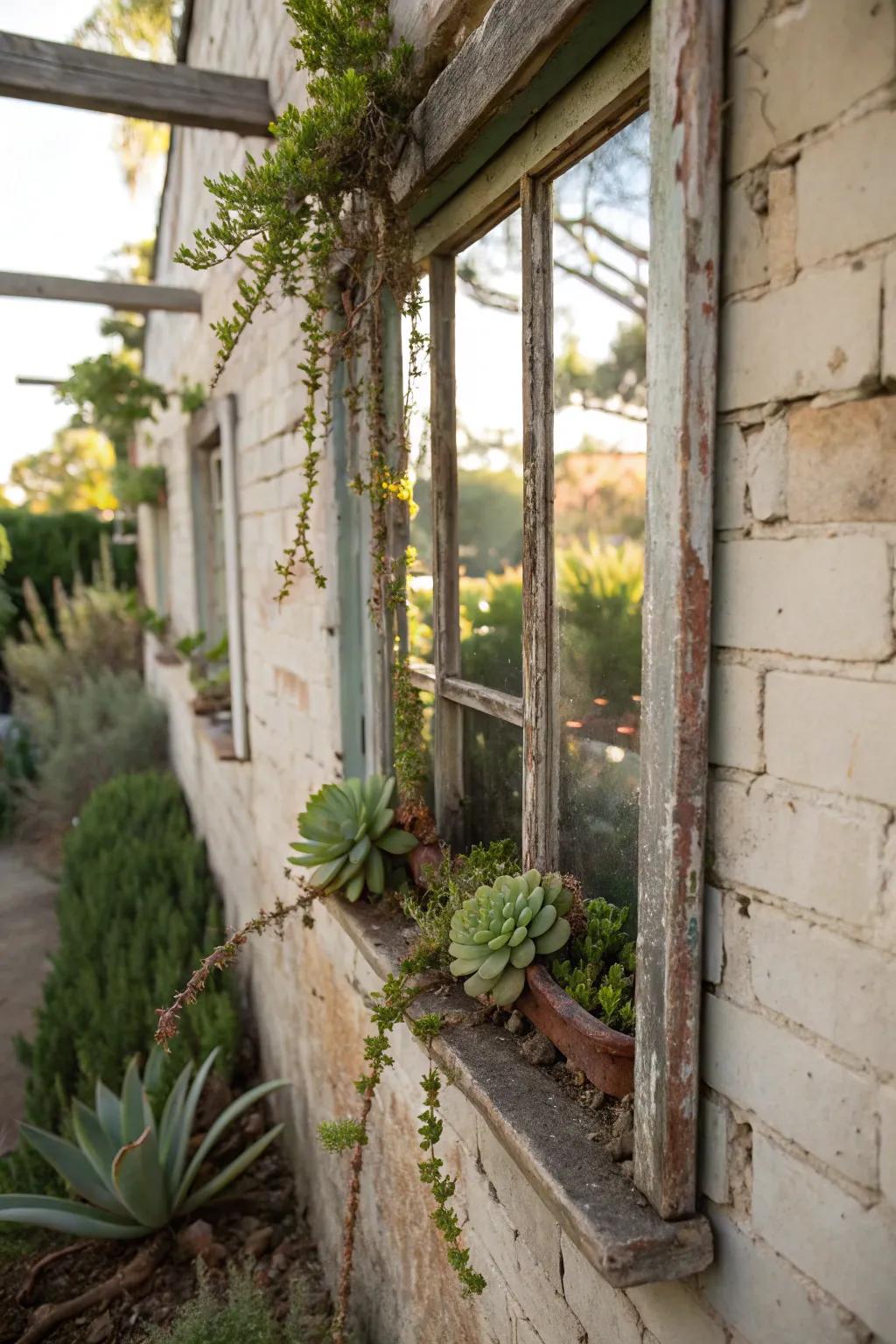 A succulent window frame is a creative blend of vintage and green.