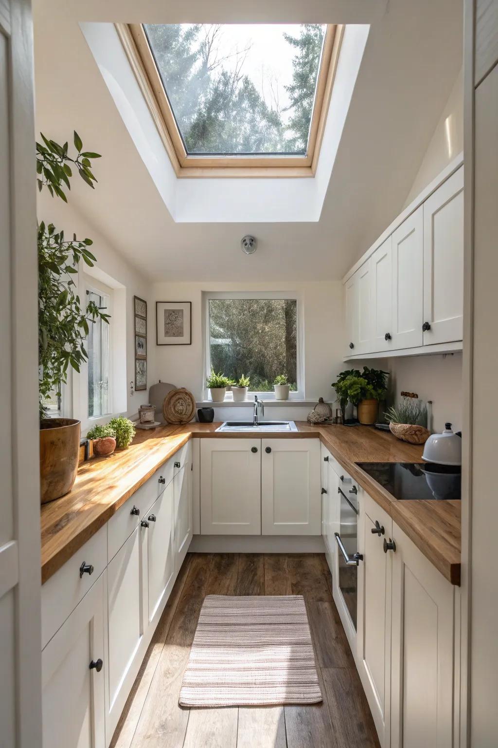 A skylight in a small kitchen floods the space with natural light.