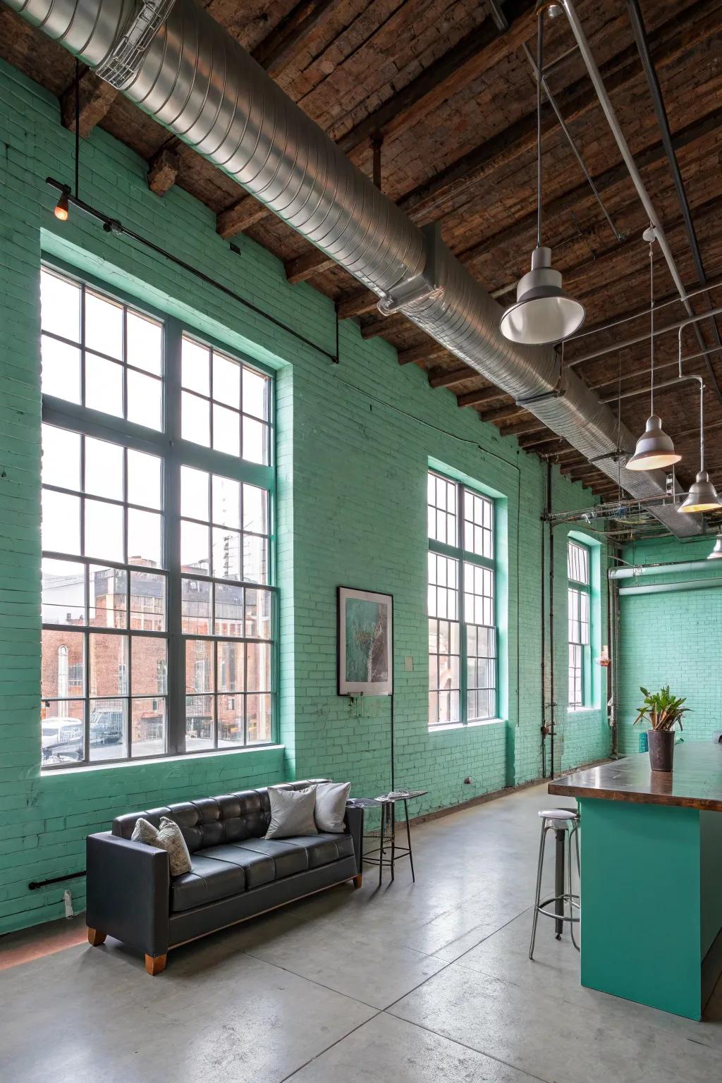 A modern industrial space softened by seafoam green walls.