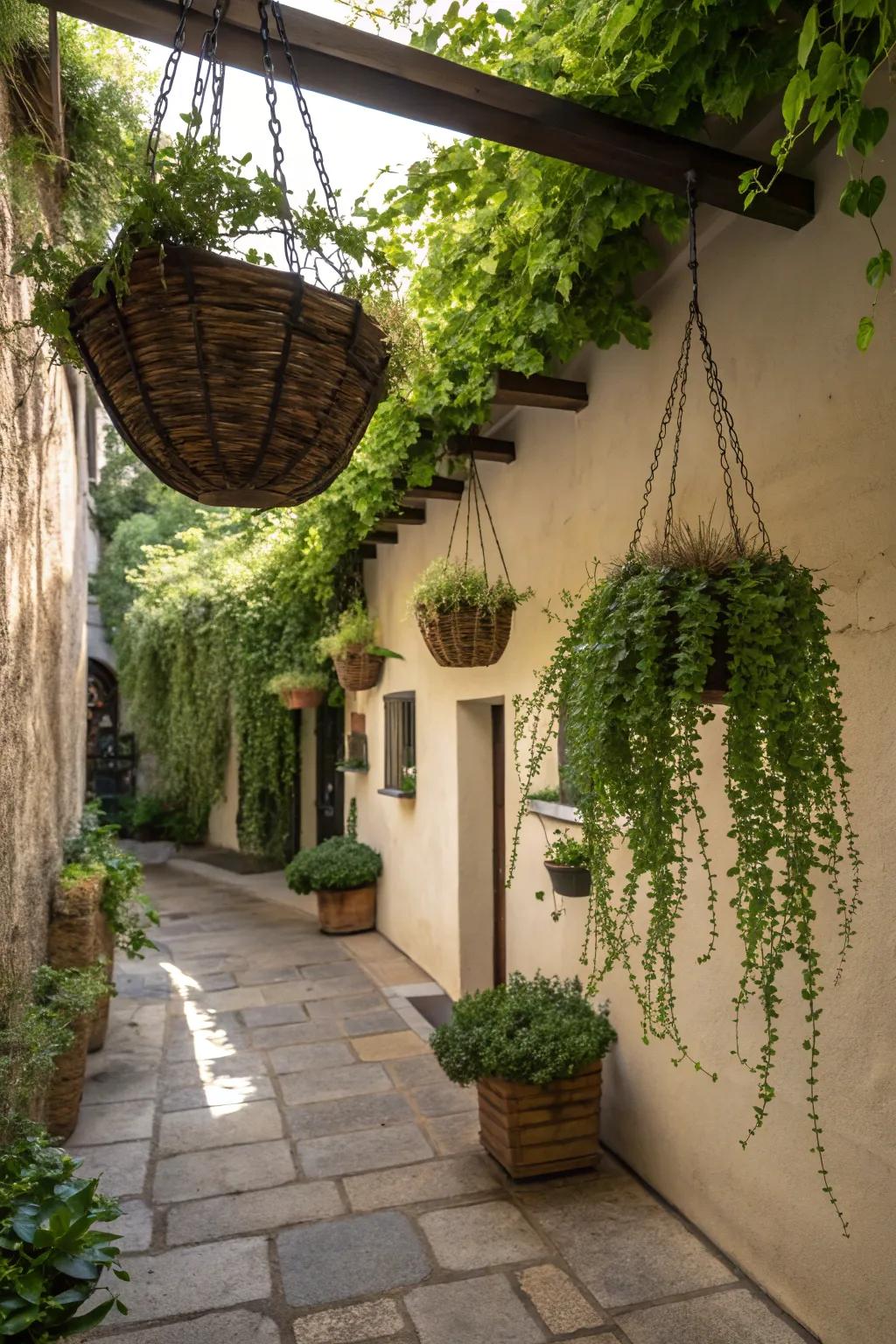 A small courtyard with hanging baskets filled with trailing greenery.