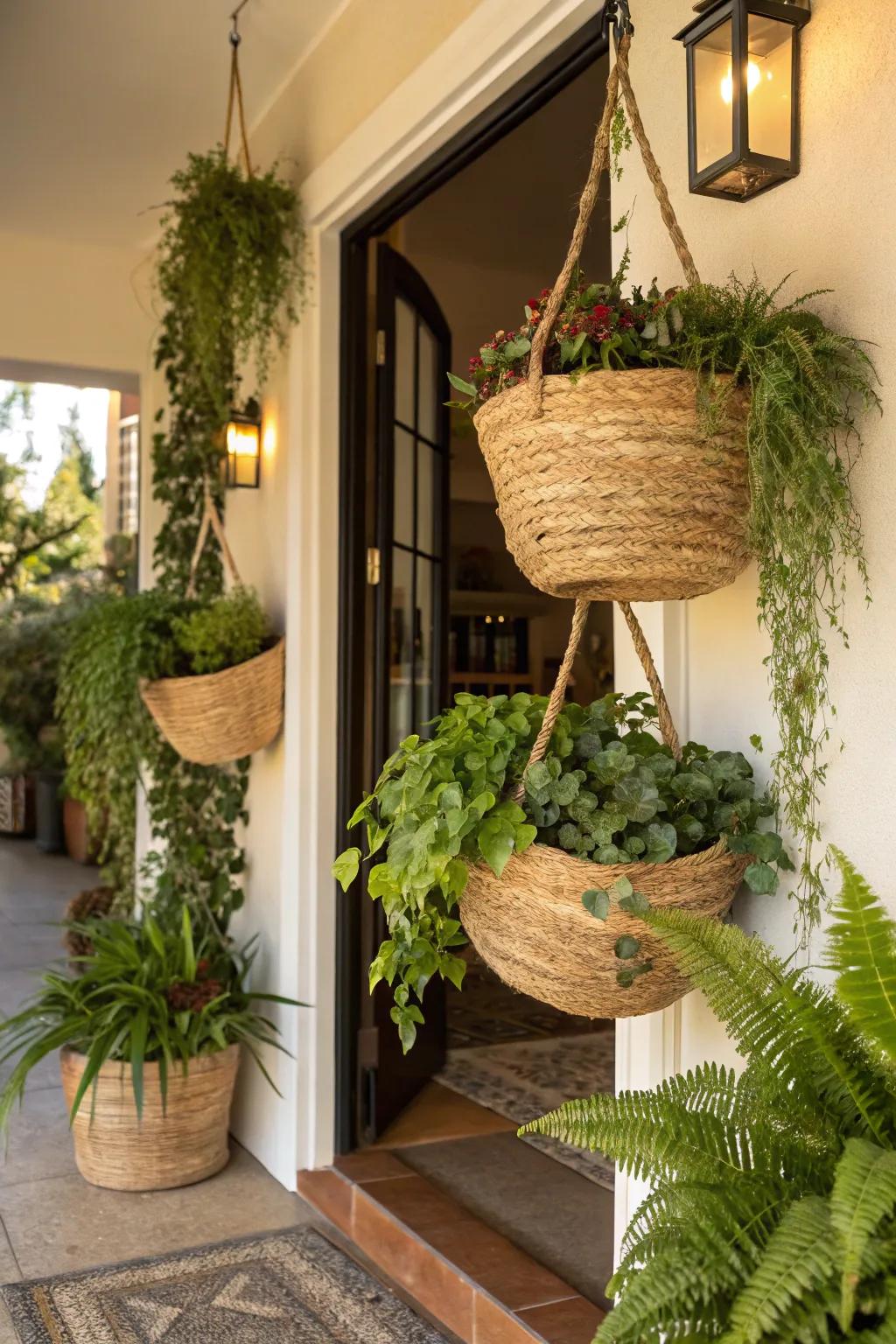 Straw baskets offer a natural, earthy look for hanging gardens.