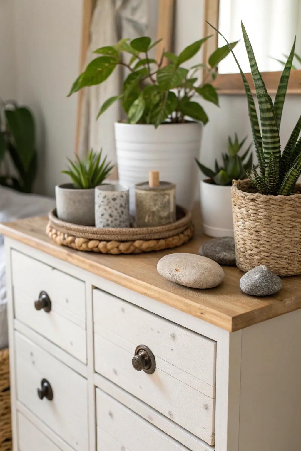 Natural elements on a dresser enhance peace and tranquility in the bedroom.