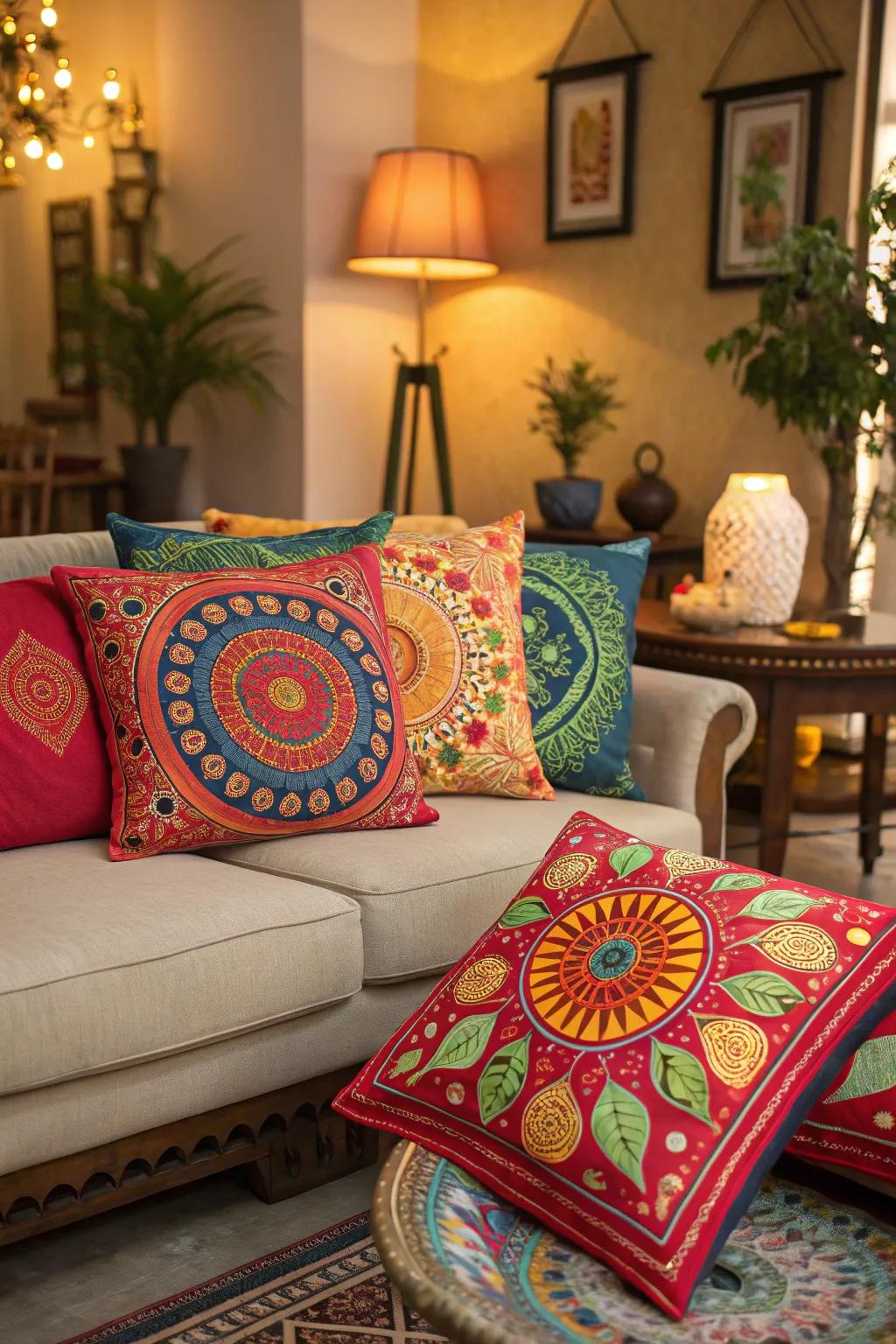 Cushion covers with Indian motifs add cultural flair.