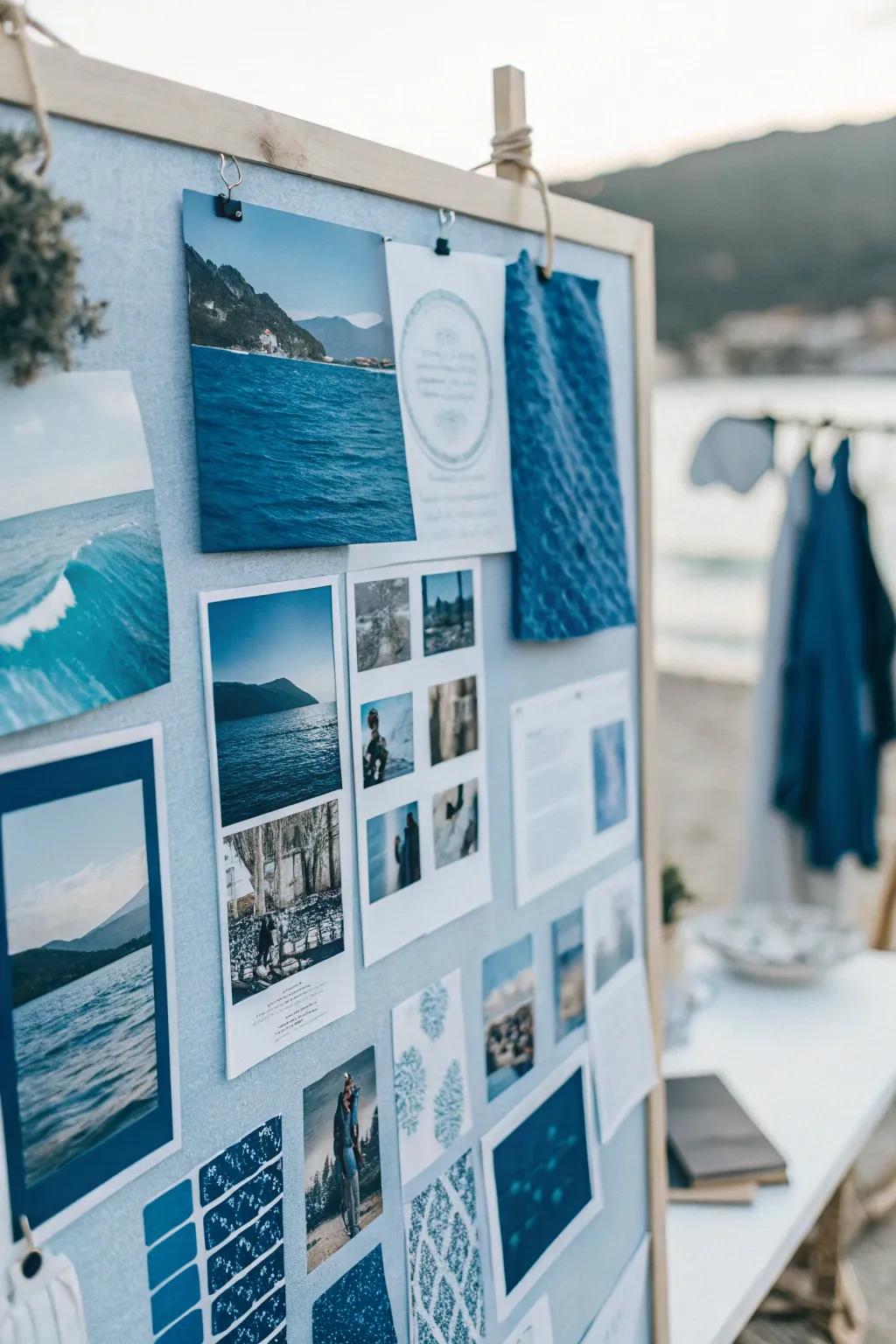 An inspiration board featuring a monochrome color scheme in various shades of blue.