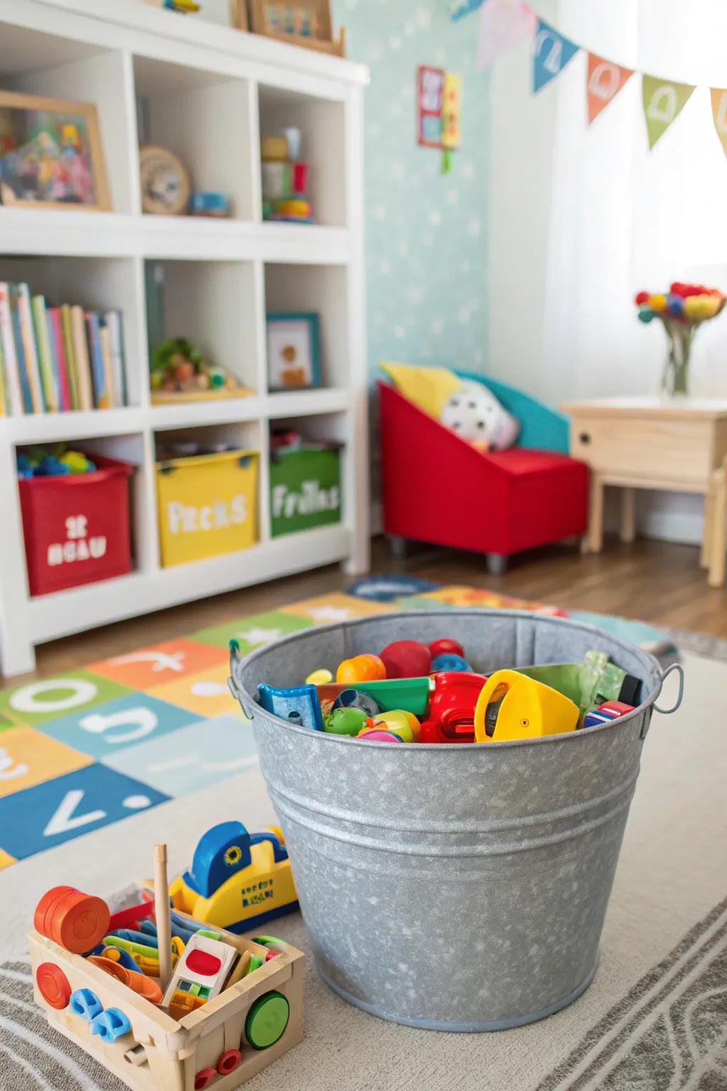 A galvanized bucket provides tidy toy storage for kids.