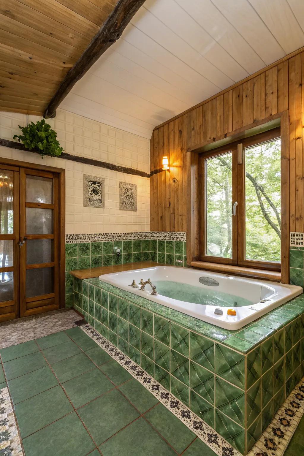 Green tiles bring a refreshing and nature-inspired atmosphere.