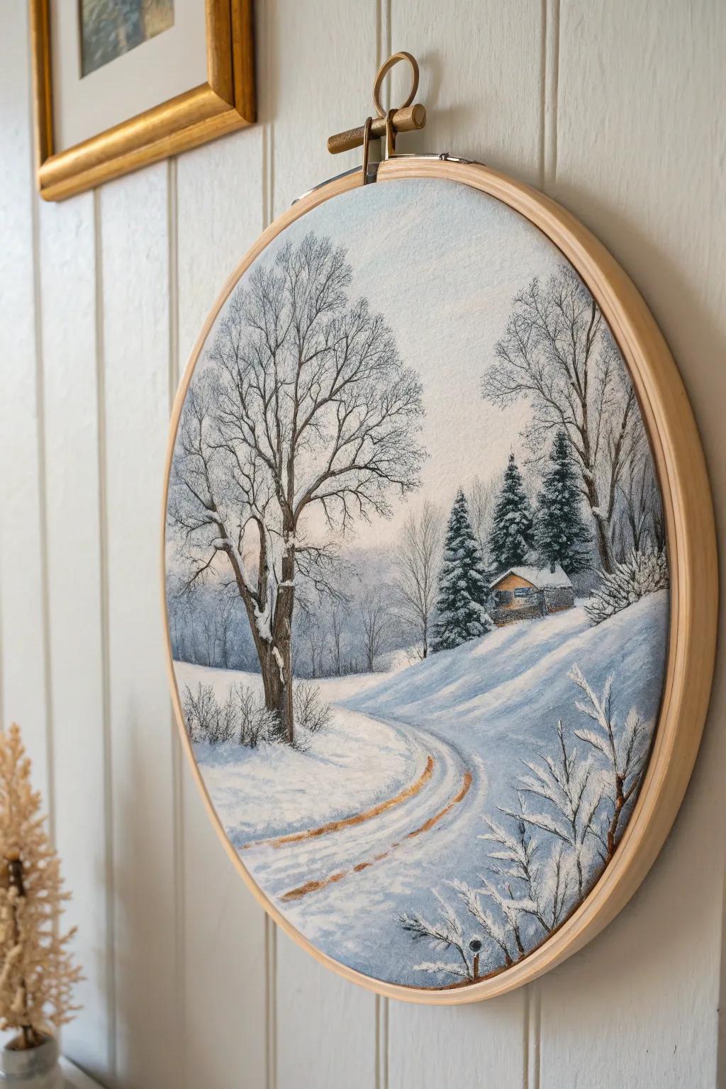 Showcase your creativity with embroidery hoop winter art.