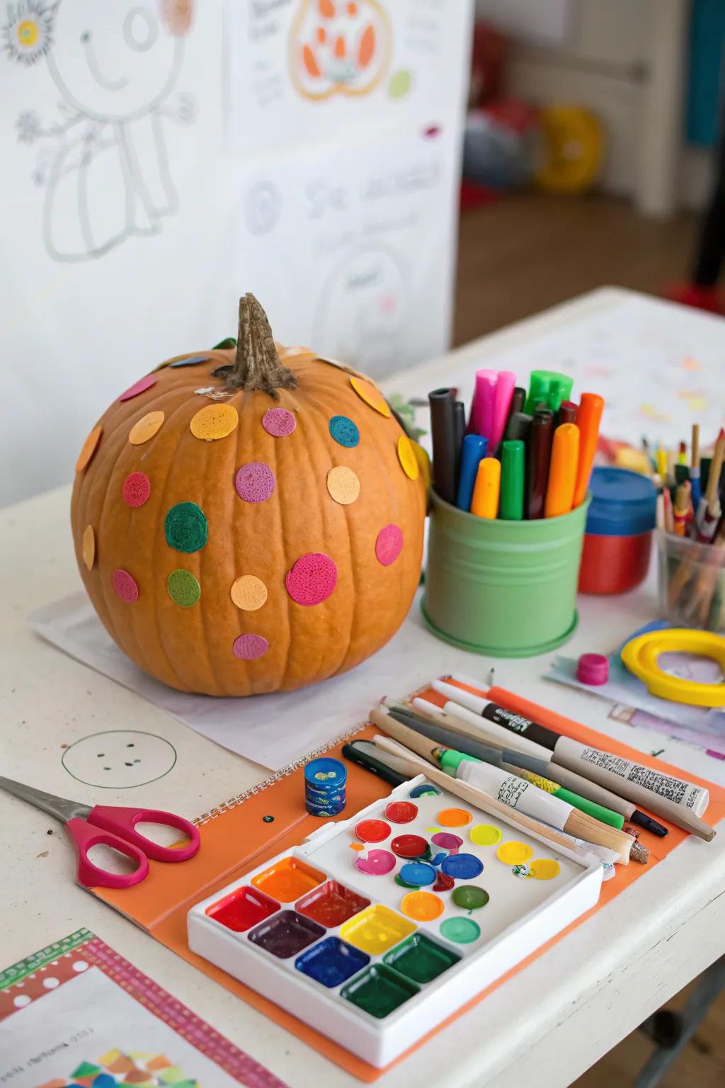 Foam shapes bring bold color and patterns to this pumpkin.