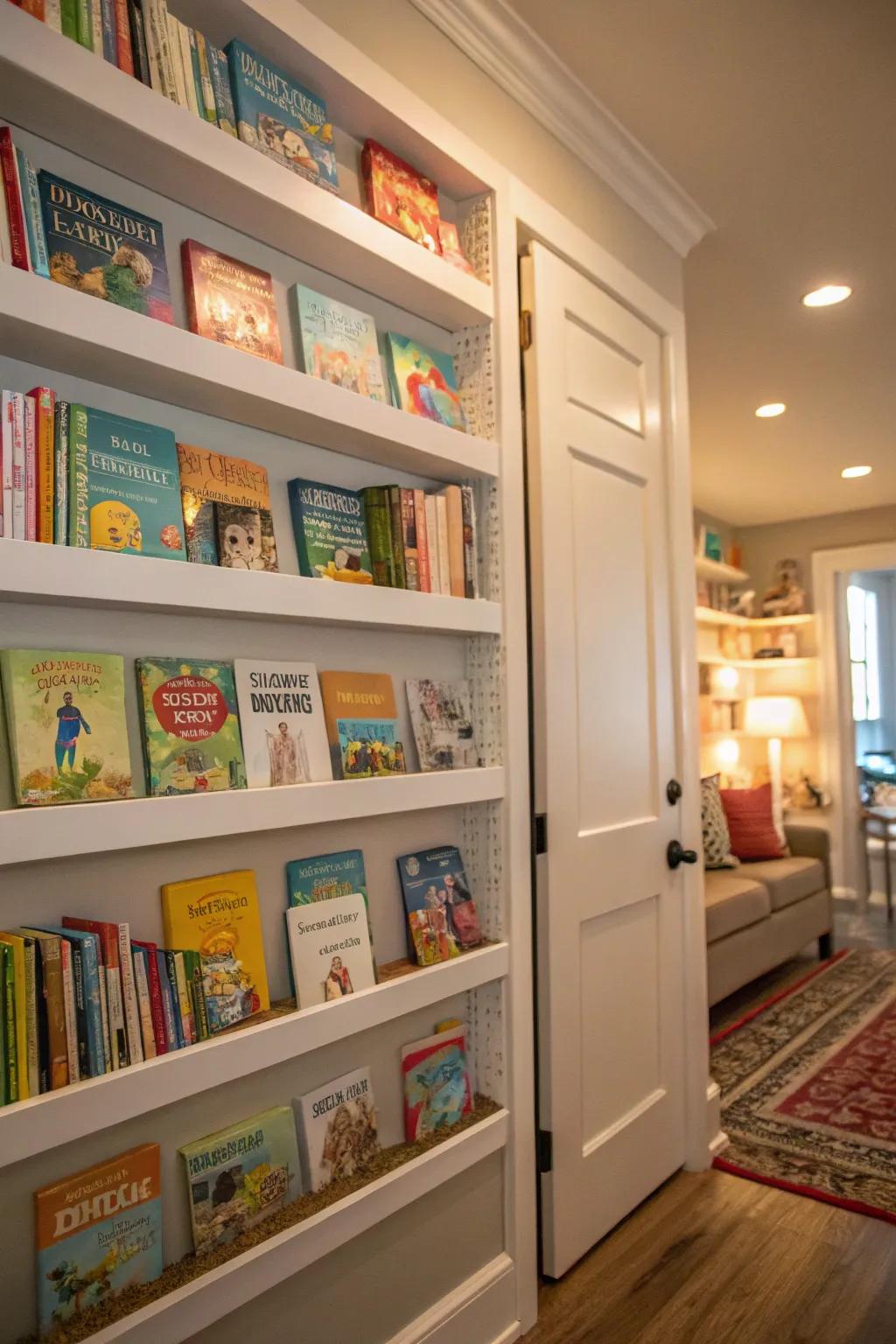 High bookshelves utilize vertical space for book storage.