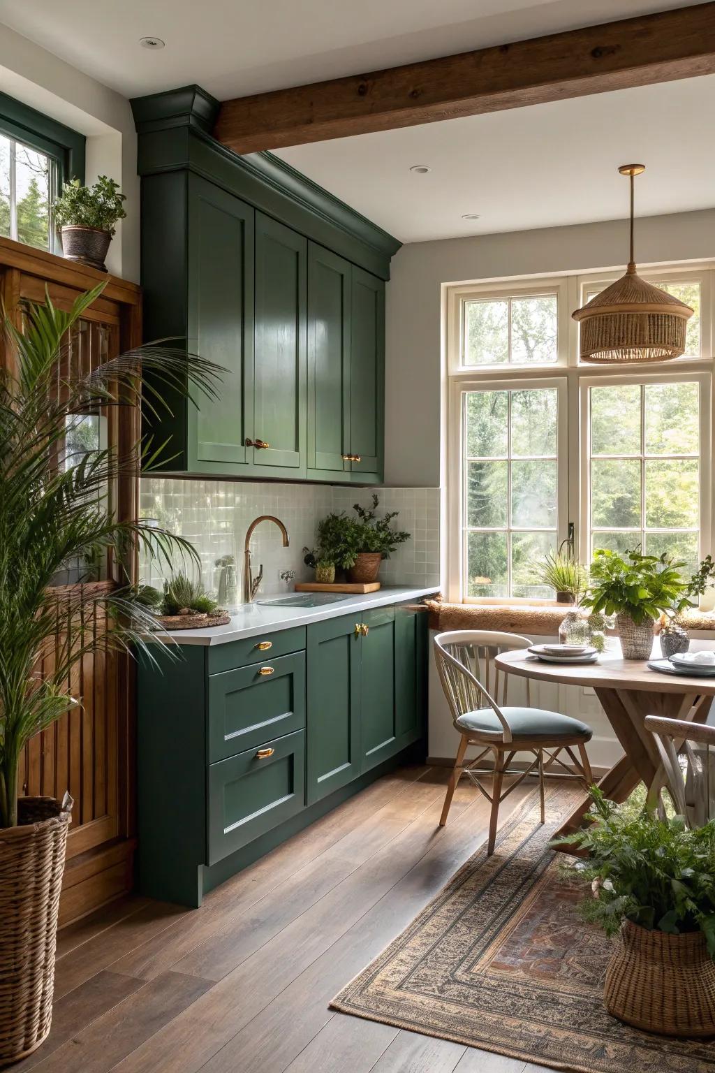 Deep forest green cabinets add a touch of nature.