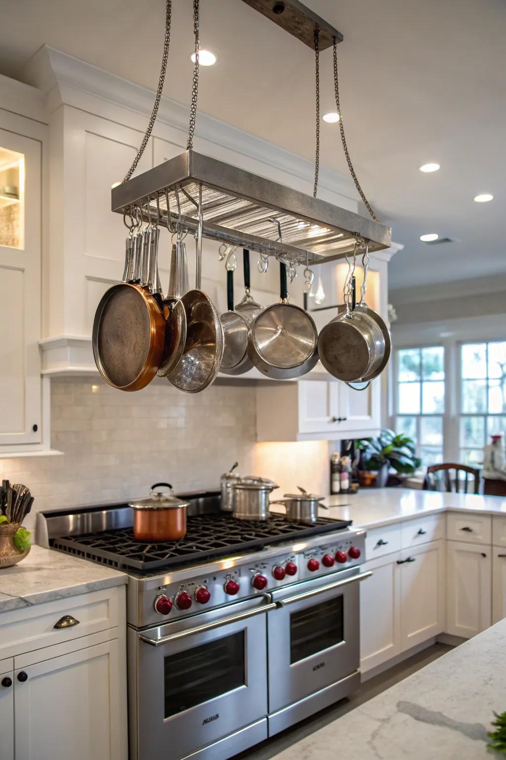 A pot rack that adds convenience and aesthetic appeal to the kitchen.