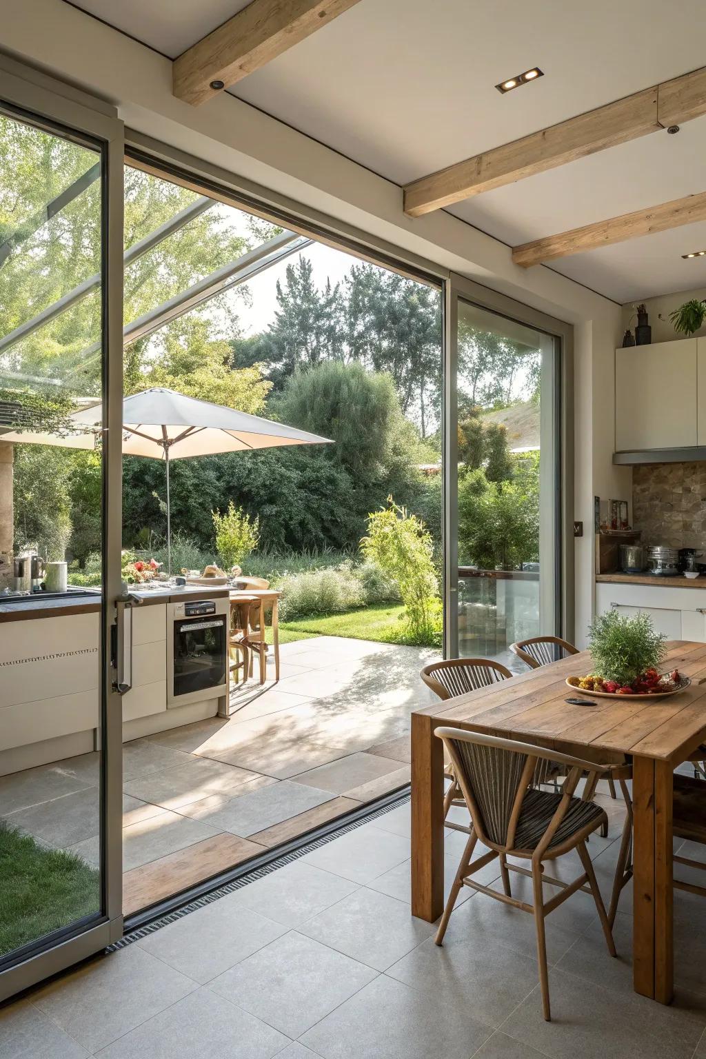 Blending indoor and outdoor spaces enhances the kitchen's appeal.