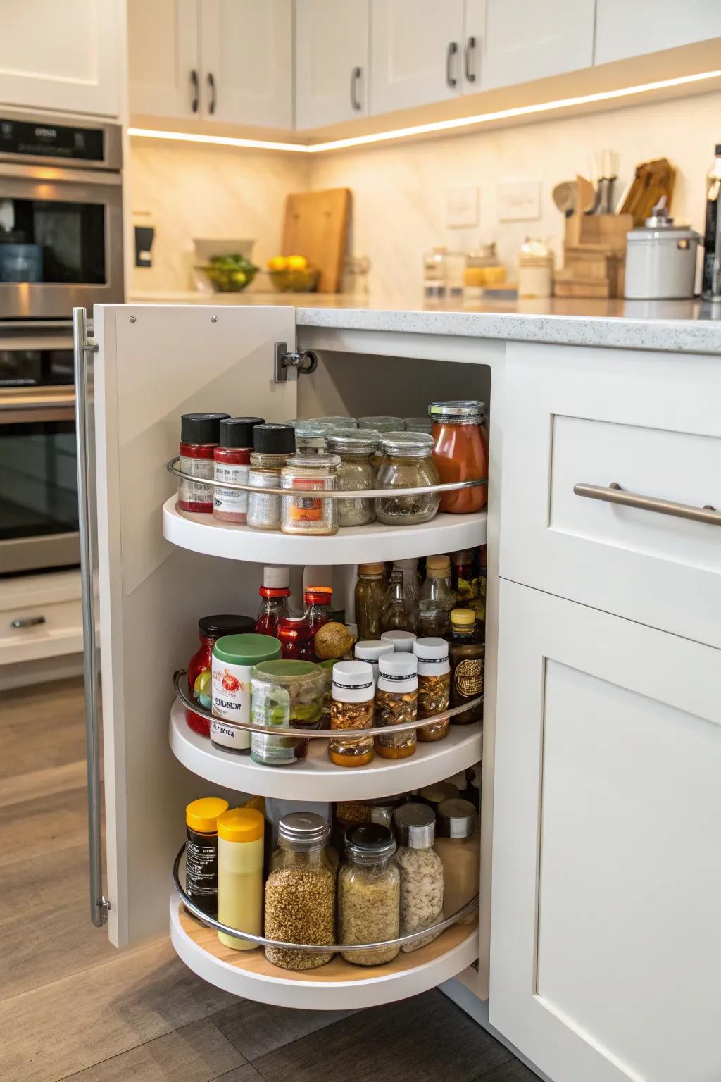 Stacking lazy Susans maximize vertical storage space.