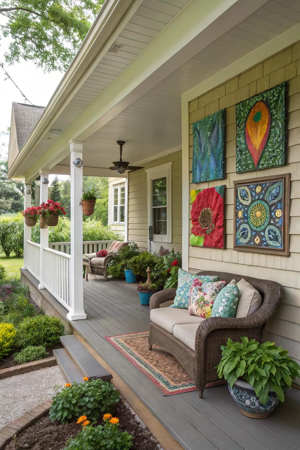 Art adds personality and creativity to the porch.