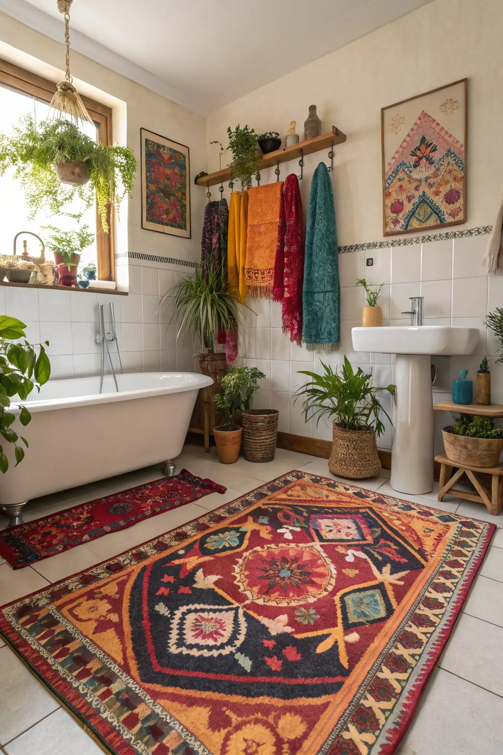 Bohemian rugs bring an eclectic, artistic vibe to any bathroom.