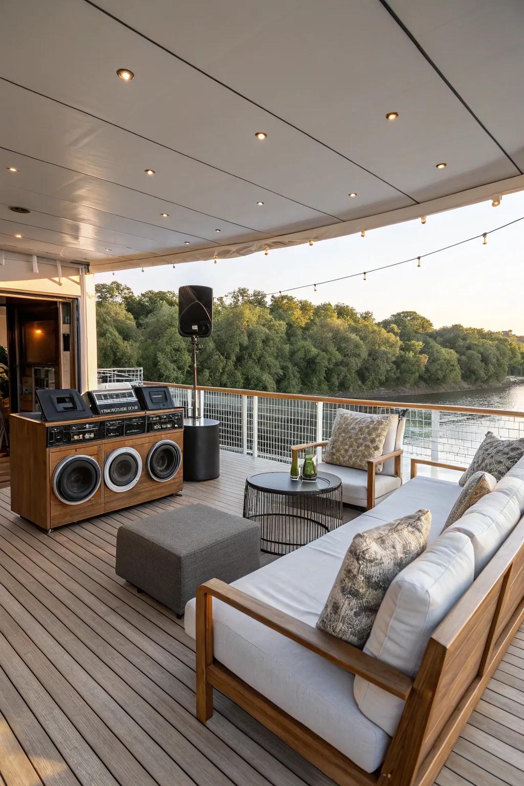 A relaxing music lounge on the deck for audiophiles.