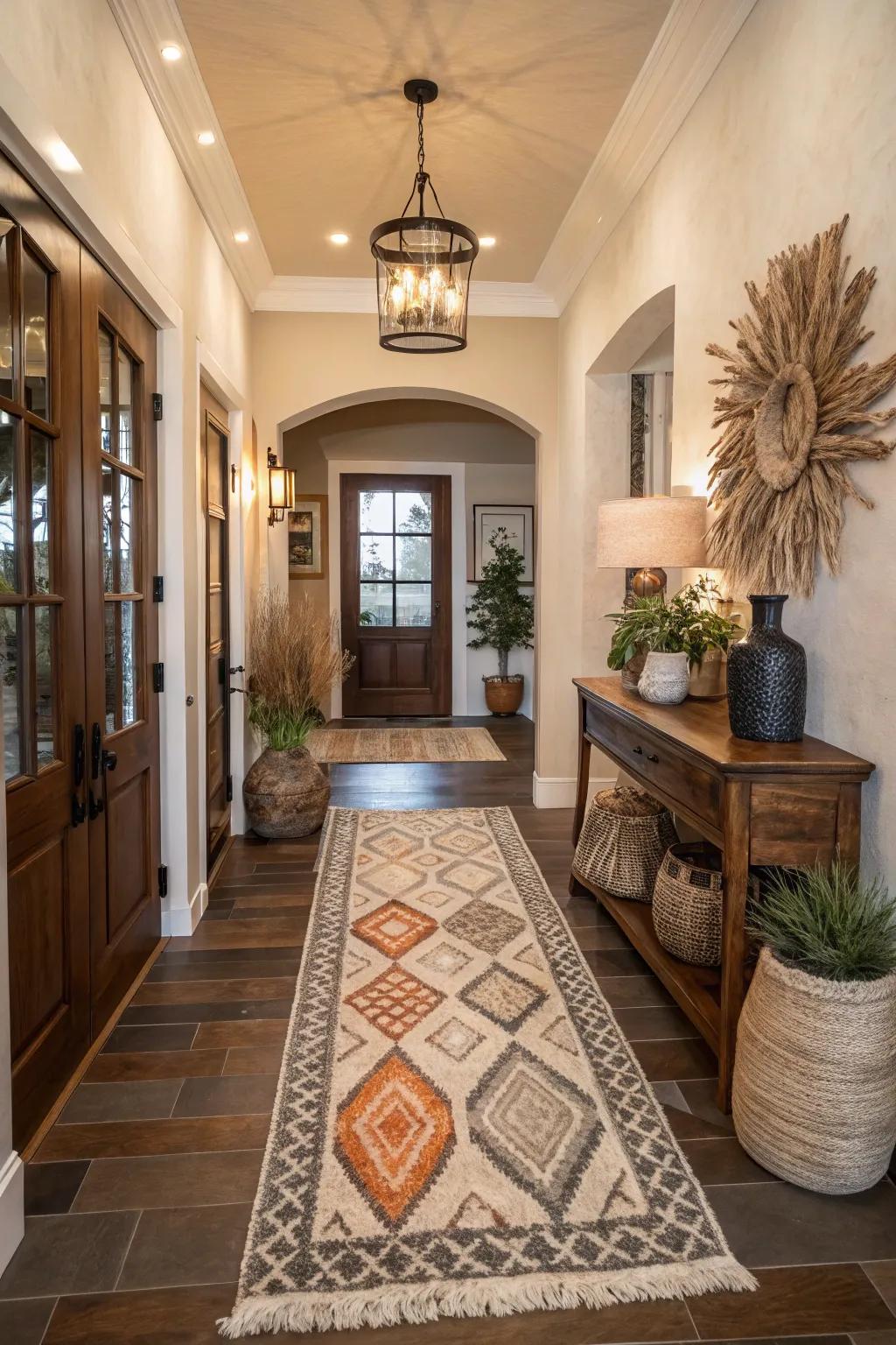 Layered rugs can create a welcoming and stylish entryway.