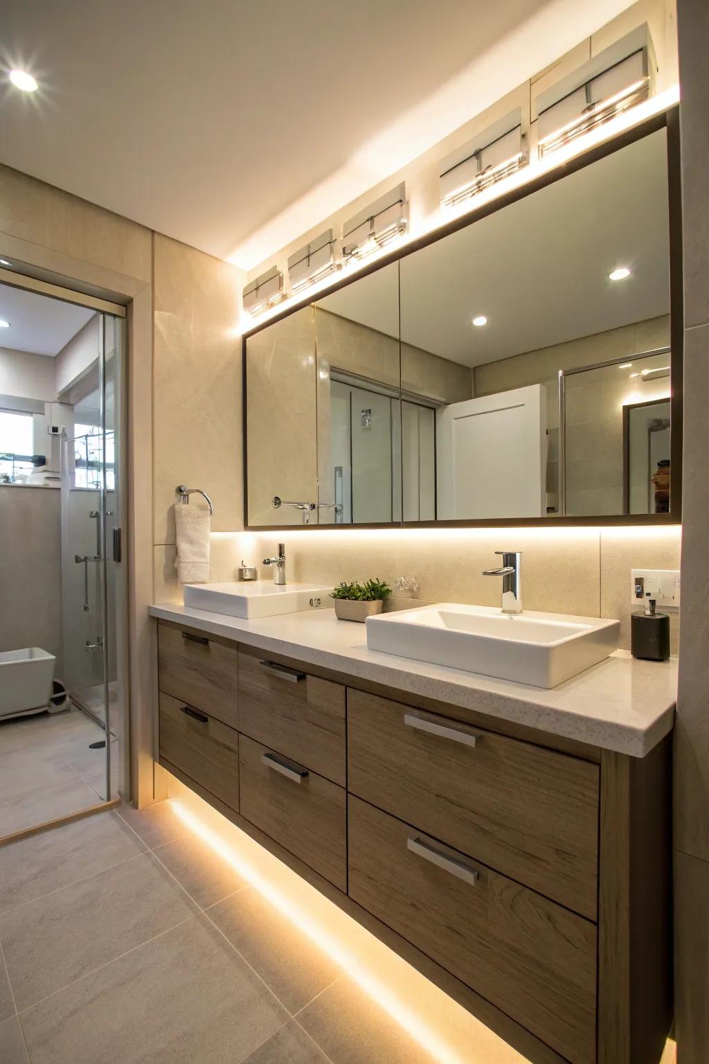 Under-cabinet LED lighting adds functionality and style to bathrooms.