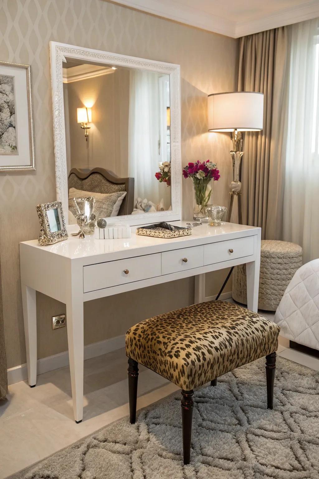 A leopard print vanity stool offers a chic touch to your dressing area.