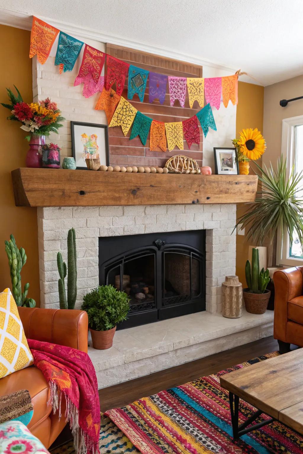 A living room featuring a live edge mantel with bold color accents.