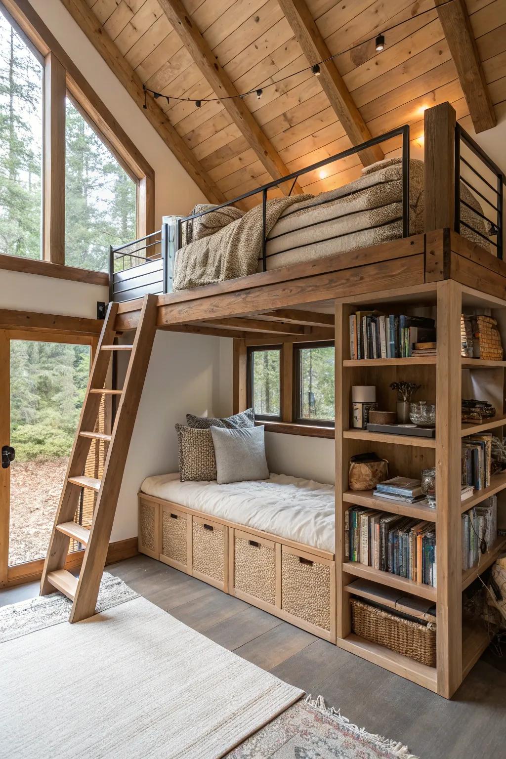 A lofted nook providing an elevated and cozy escape.