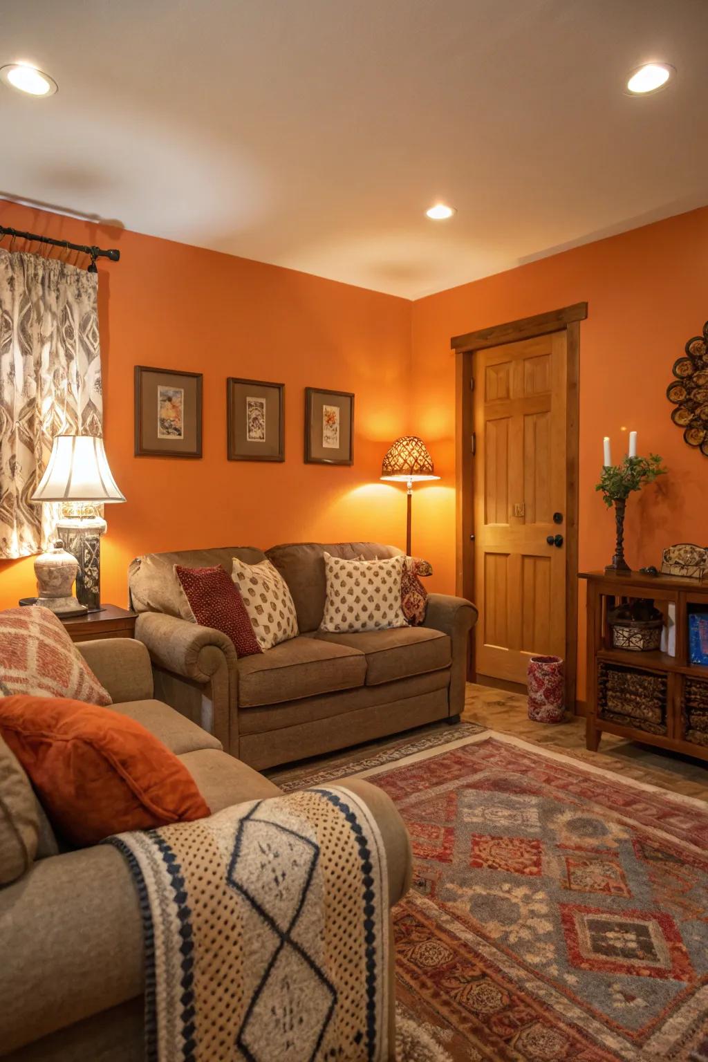 Inviting oranges offer warmth and comfort, perfect for a cozy living room.