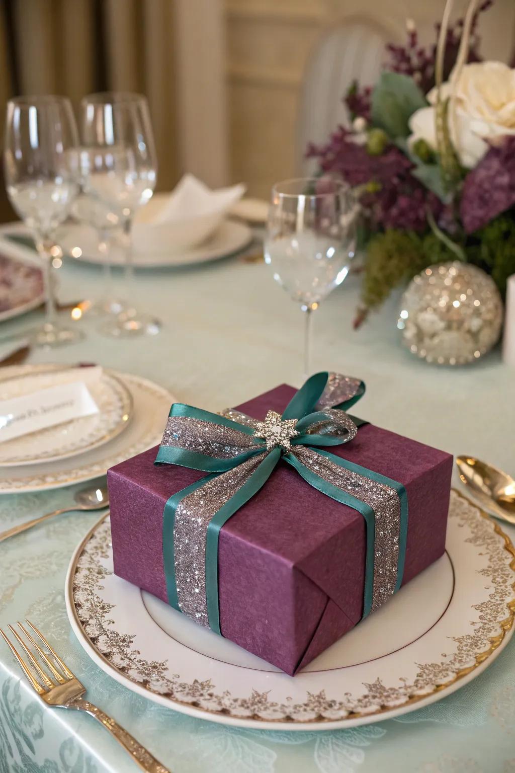 Jewel tones create a luxurious and vibrant gift presentation.