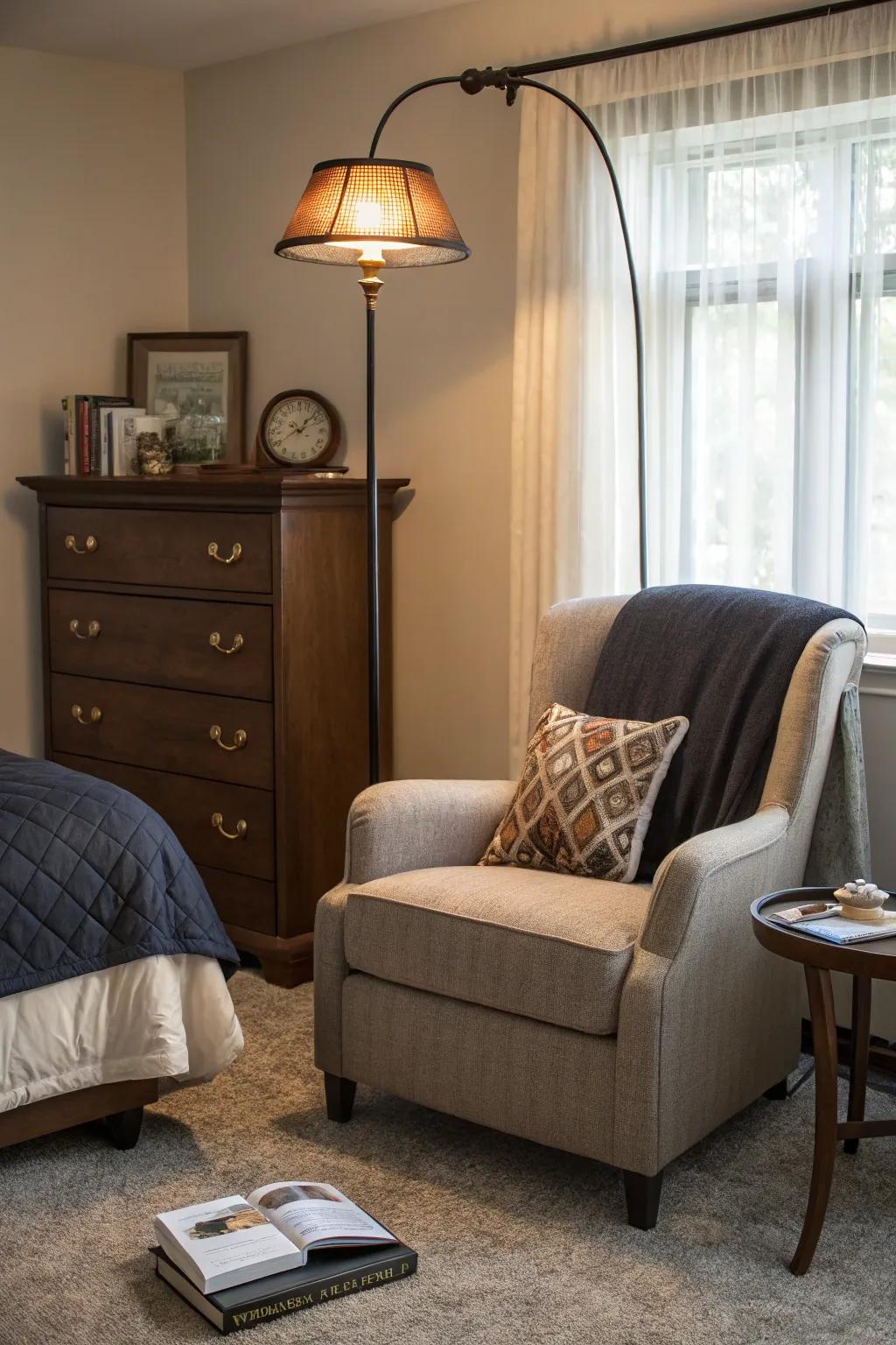 A reading nook provides a cozy retreat for relaxation.