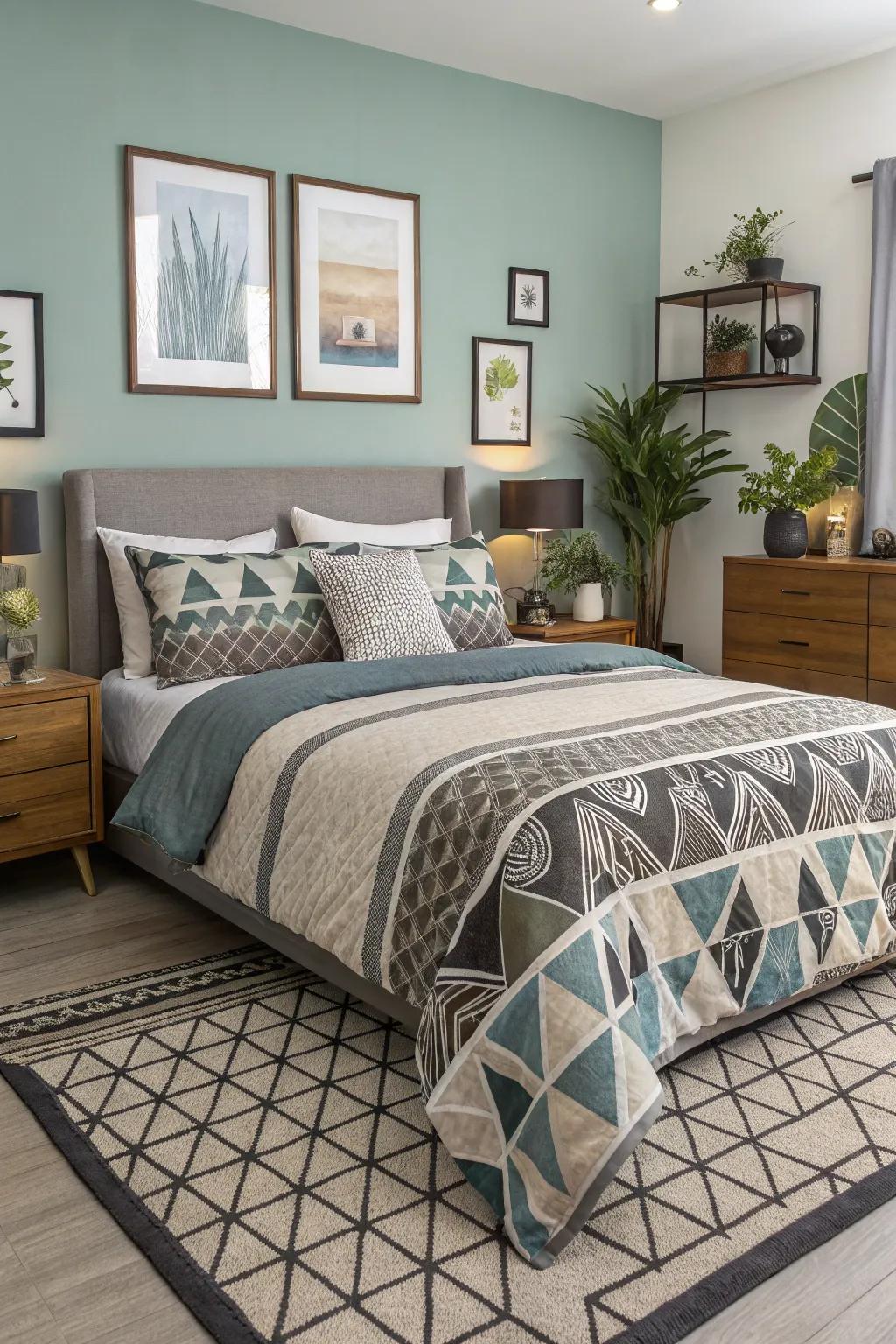 Patterns add visual interest and energy to this stylish bedroom.