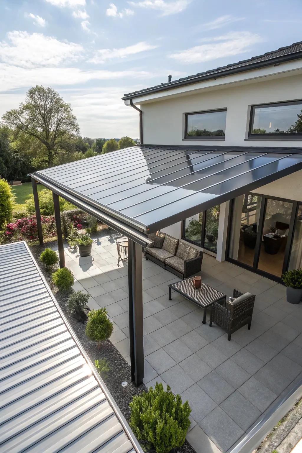 A reflective metal roof provides cooling and energy efficiency for this sun-drenched patio.