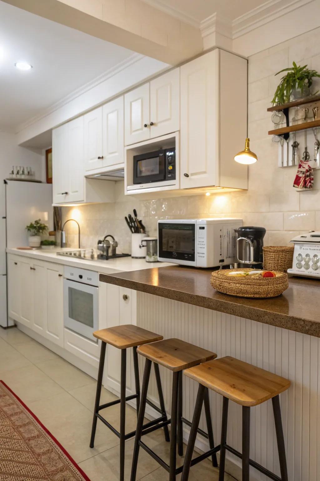 A breakfast bar with an integrated microwave for easy mornings.