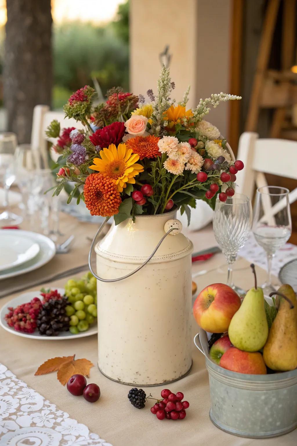 A milk can makes a festive centerpiece for any occasion.