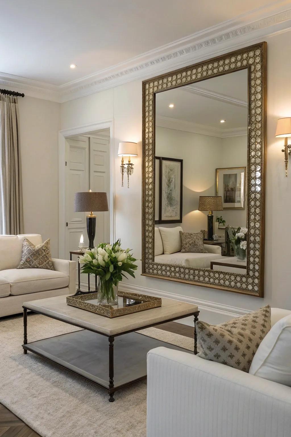 Double-bordered mirrors add subtle emphasis.