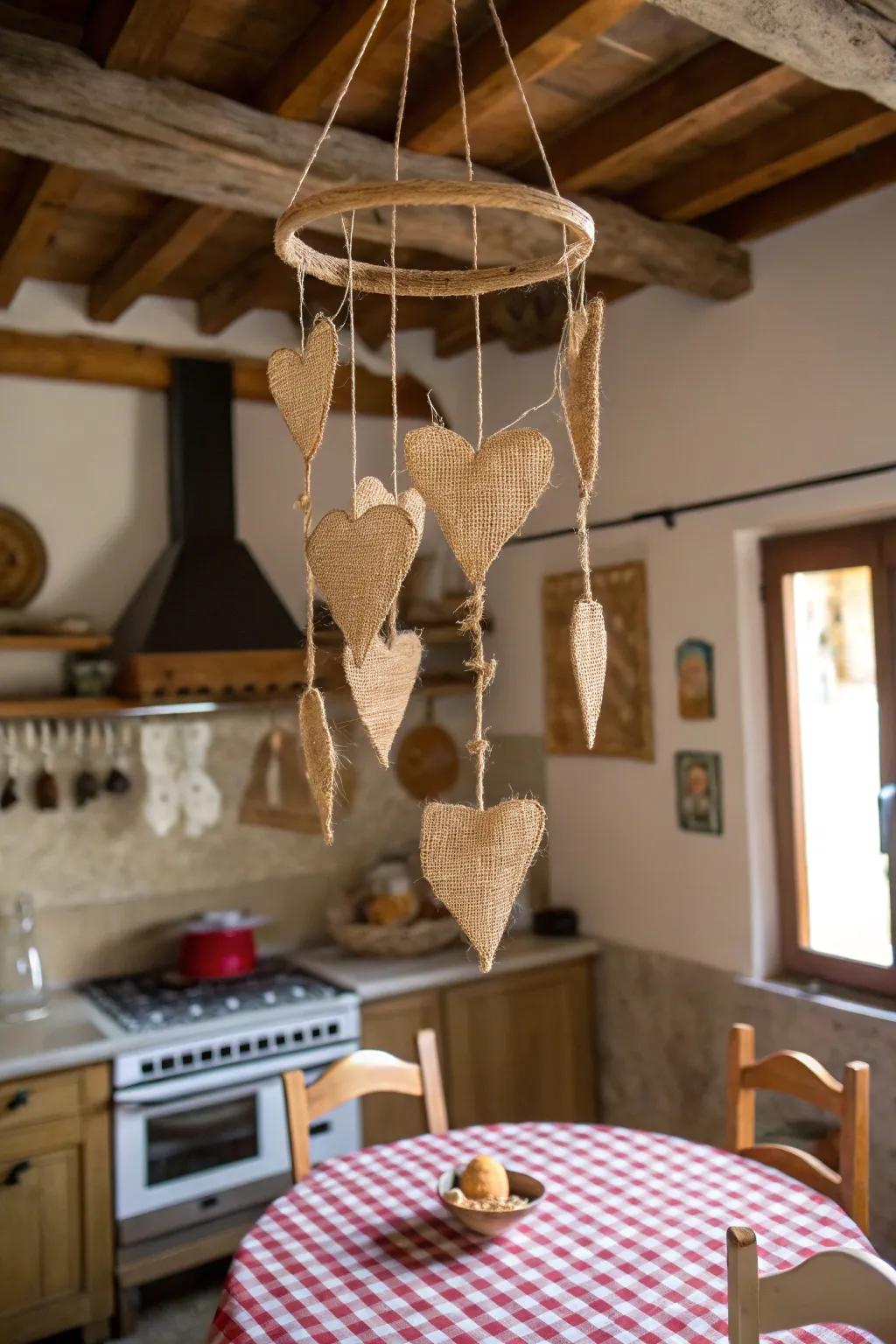 A rustic burlap mobile adding texture to farmhouse decor.