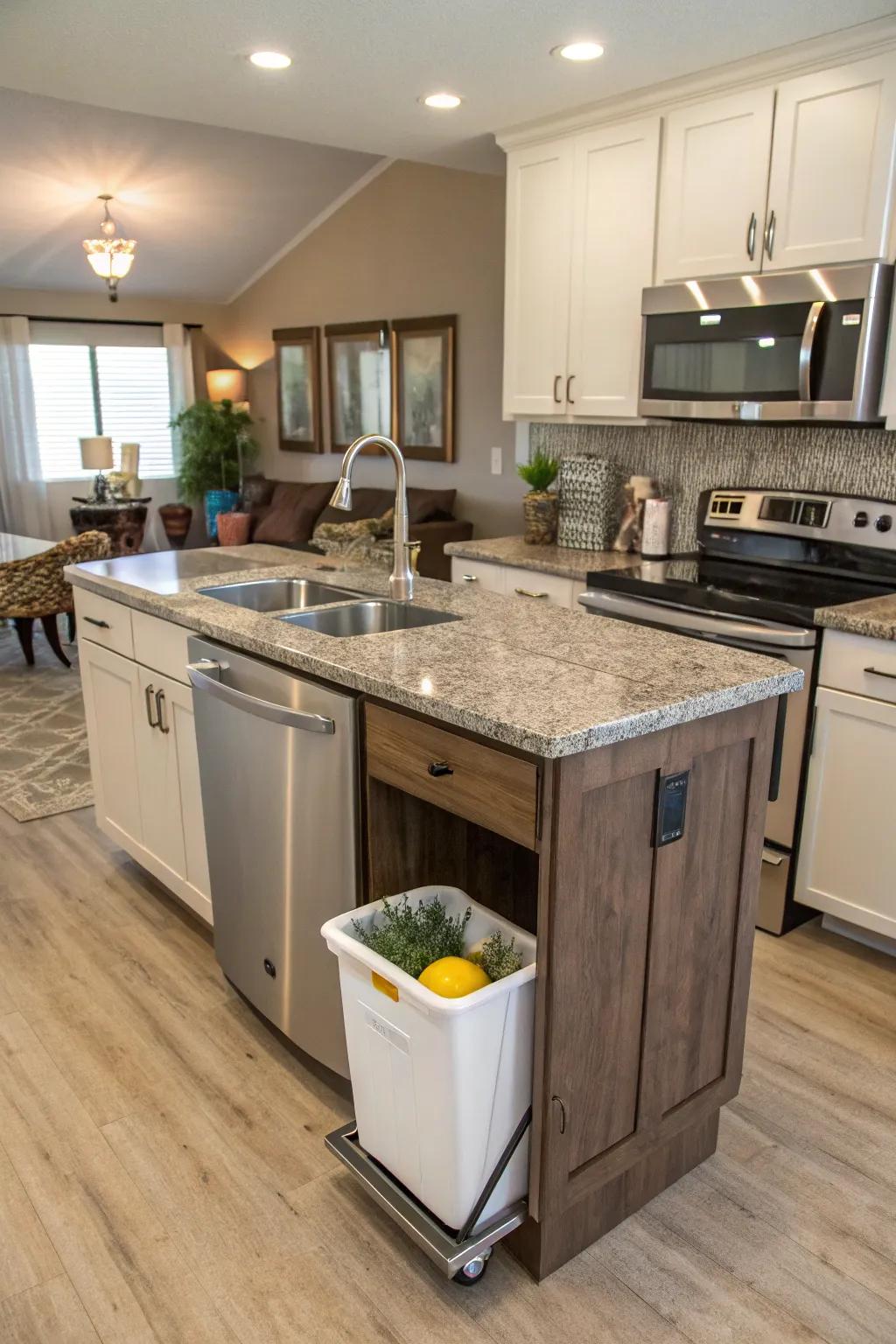 A built-in trash compartment keeps the kitchen tidy and organized.