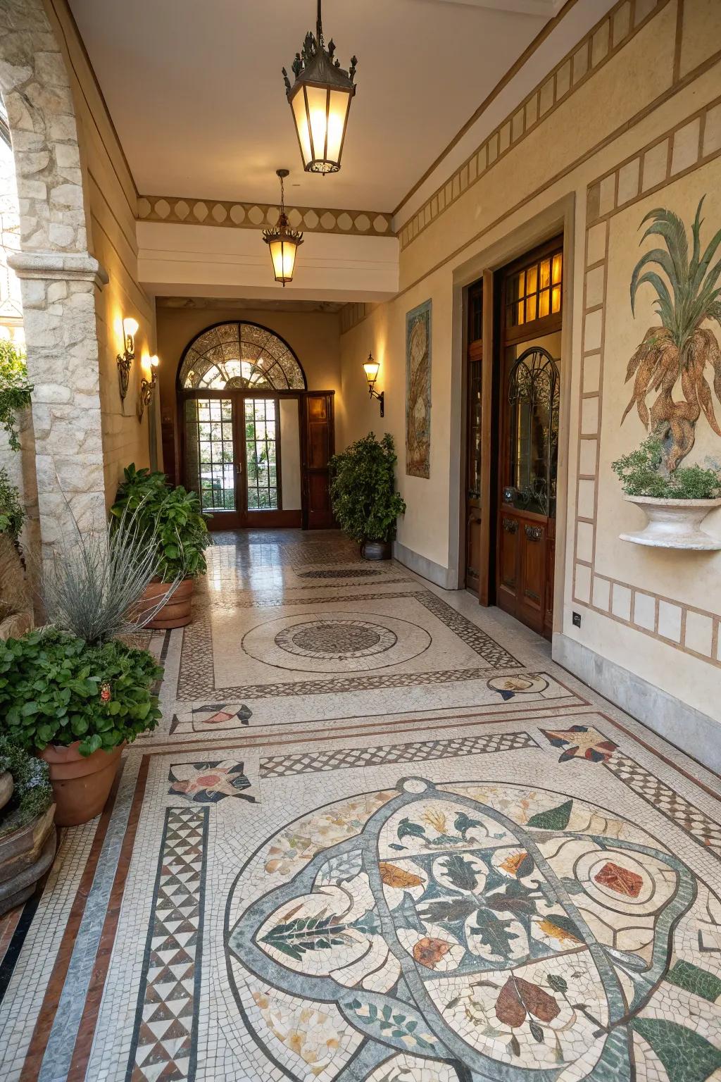 Mosaic tiles provide a canvas for artistic expression in this unique entryway.