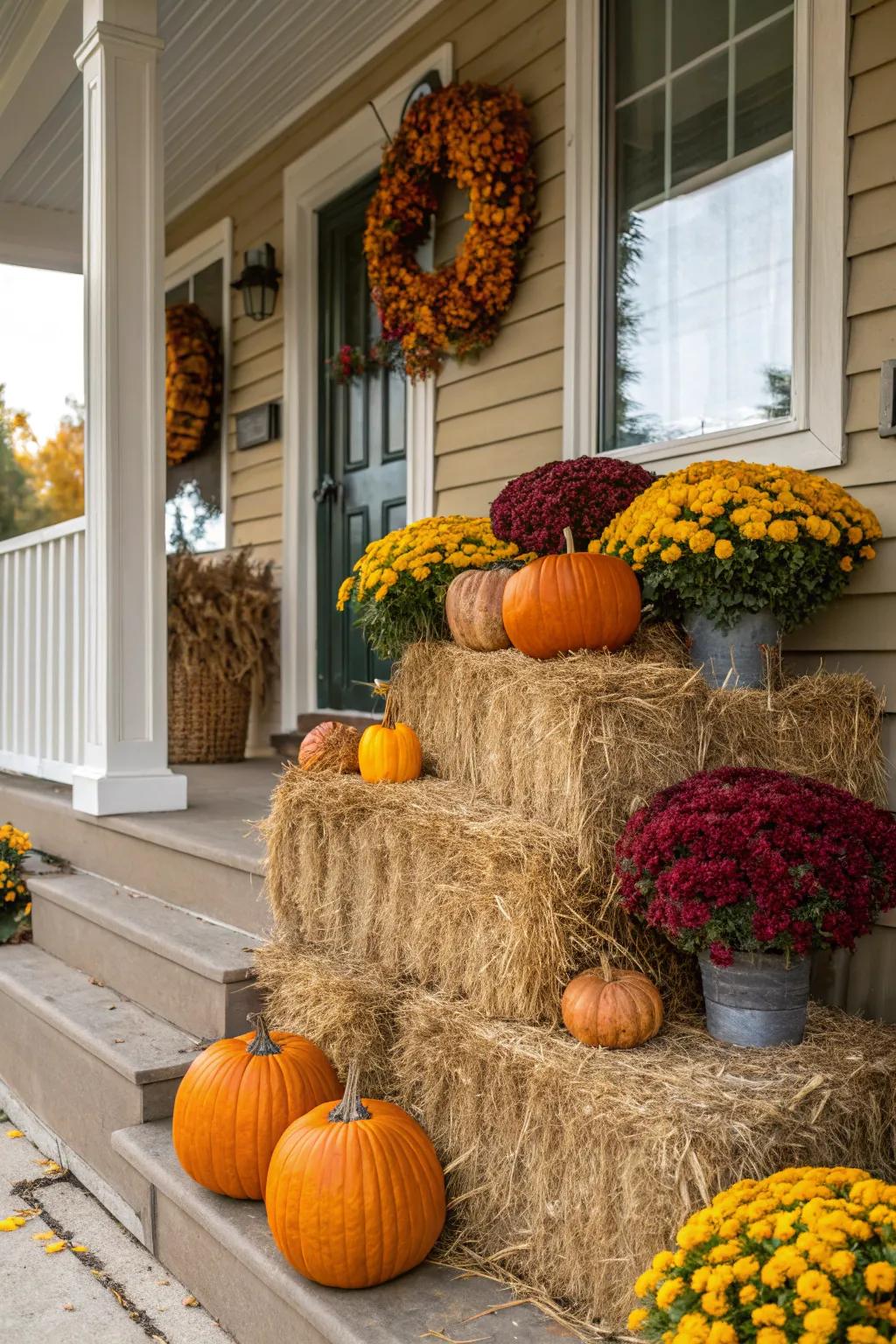 Hay bales provide a rustic base for seasonal decor.