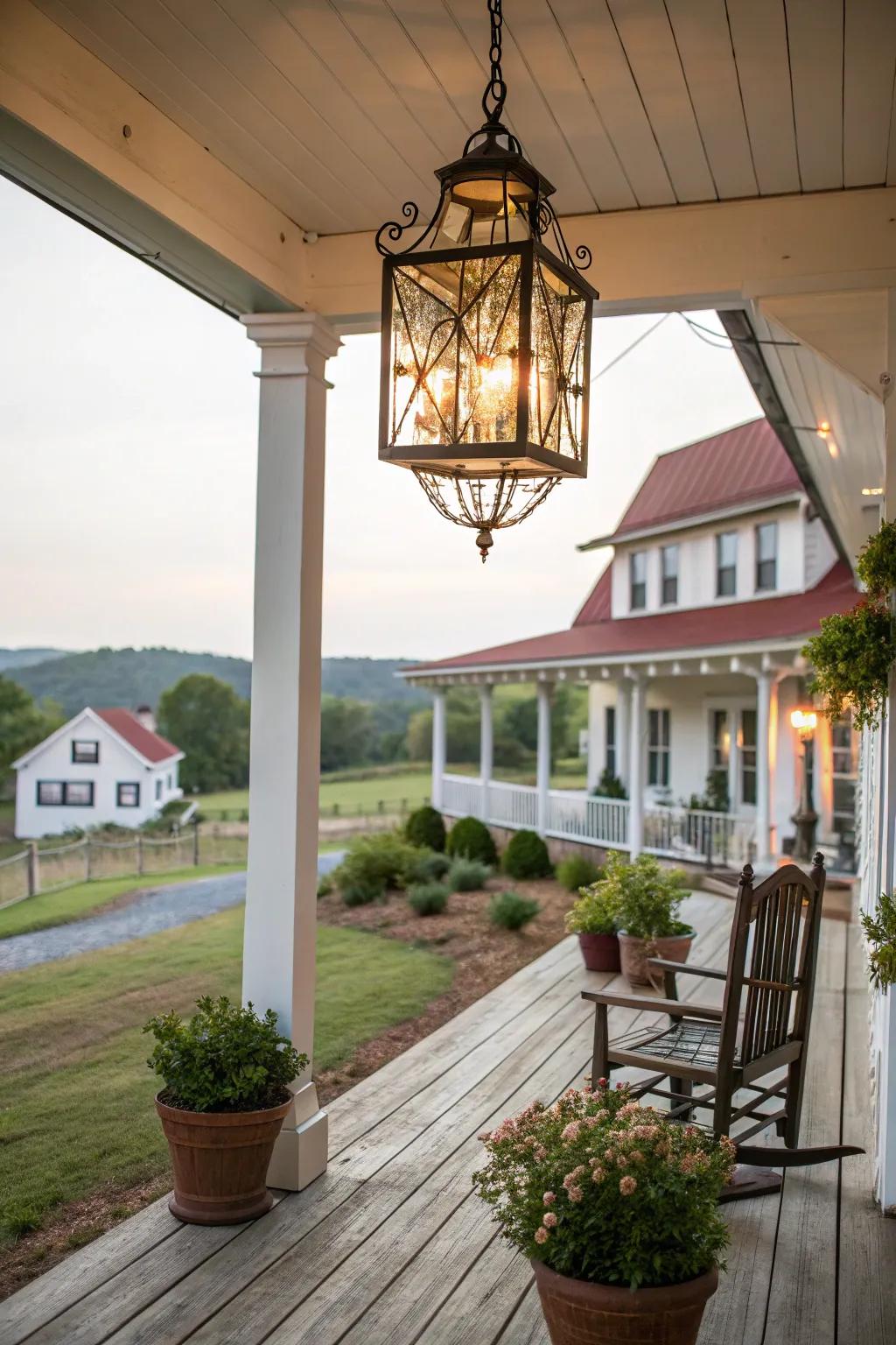 Lantern-style chandelier adds grandeur to this farmhouse porch.