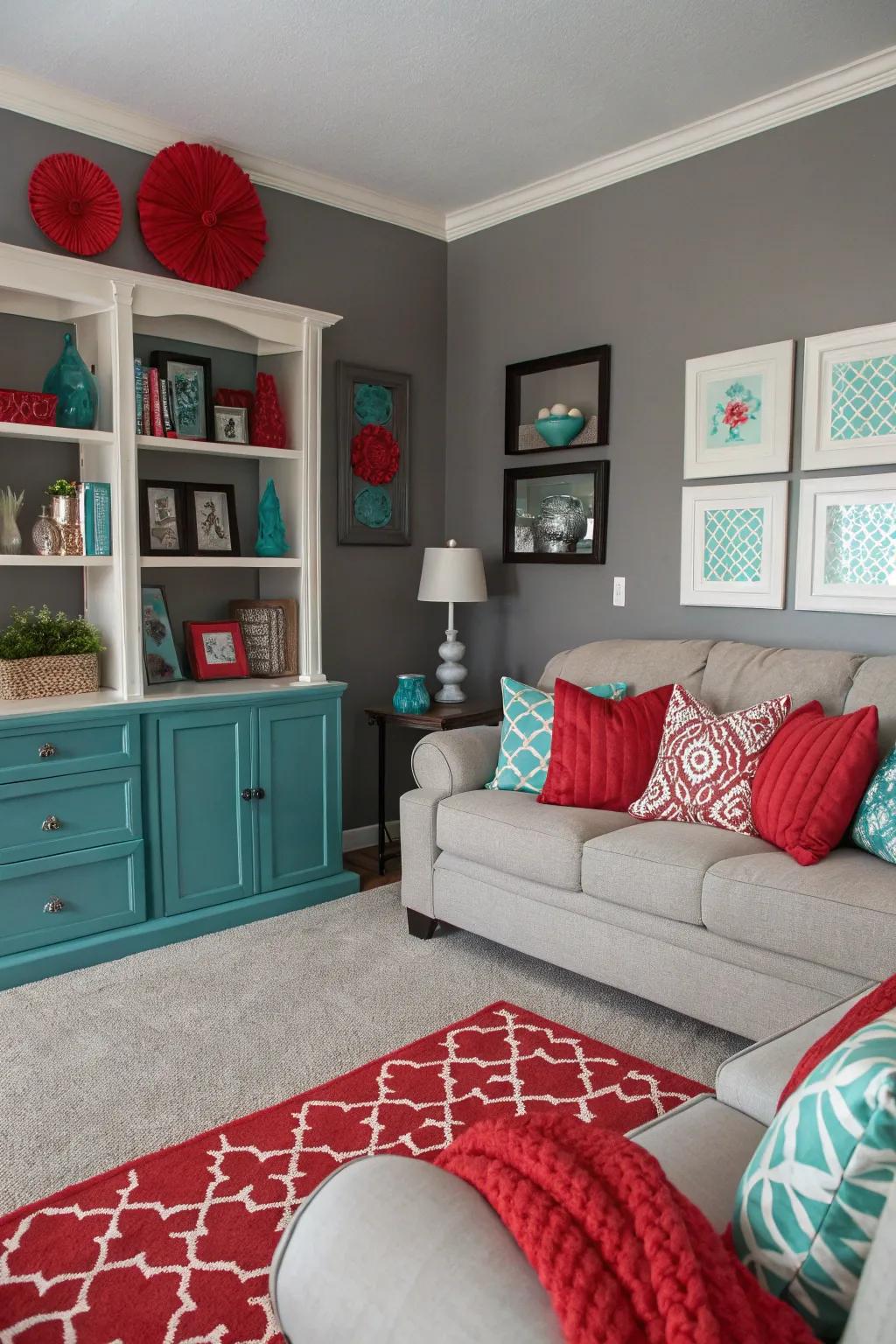 Bold colors add vibrancy to a gray living room.