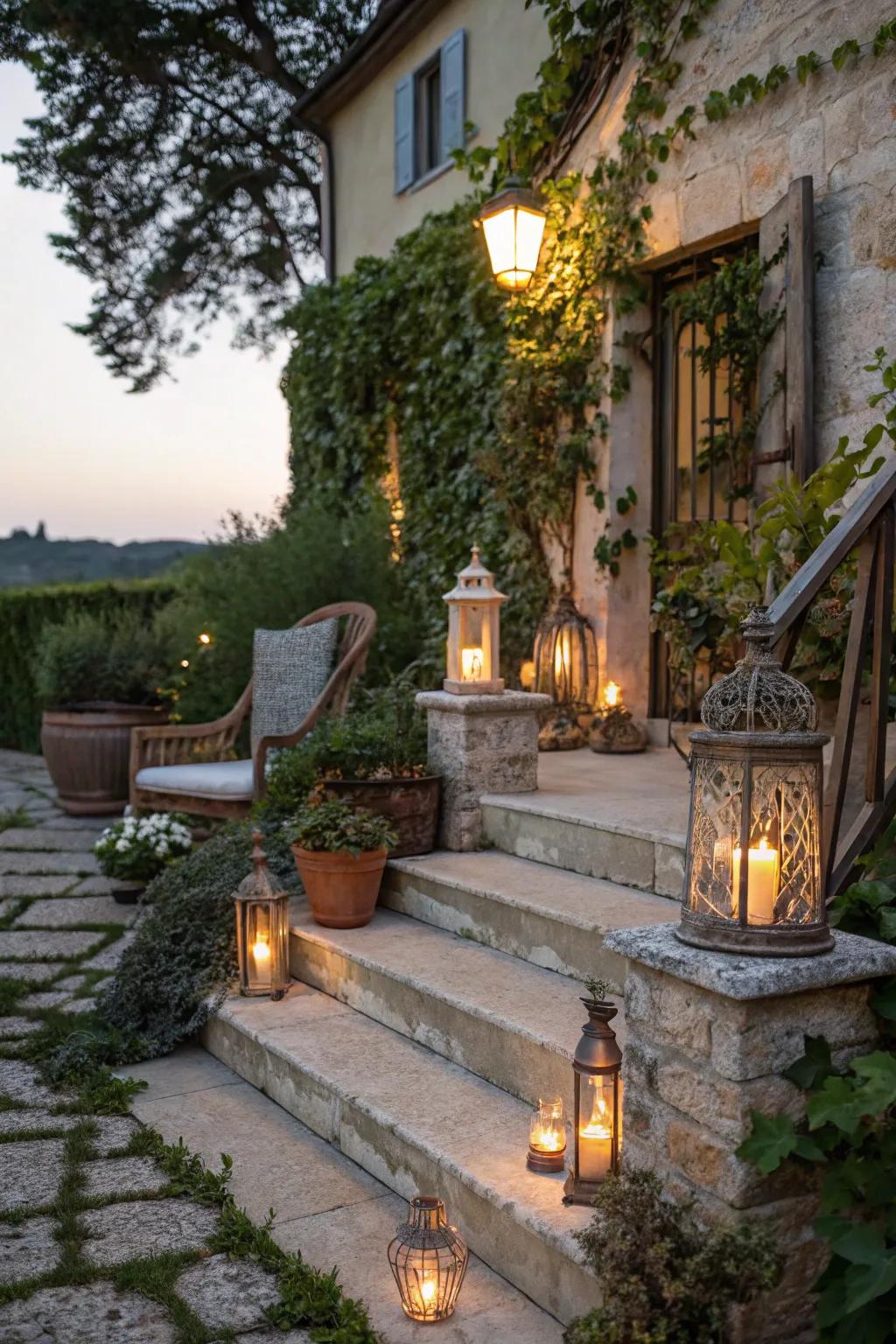 Vintage lights adding charm and nostalgia to outdoor steps.