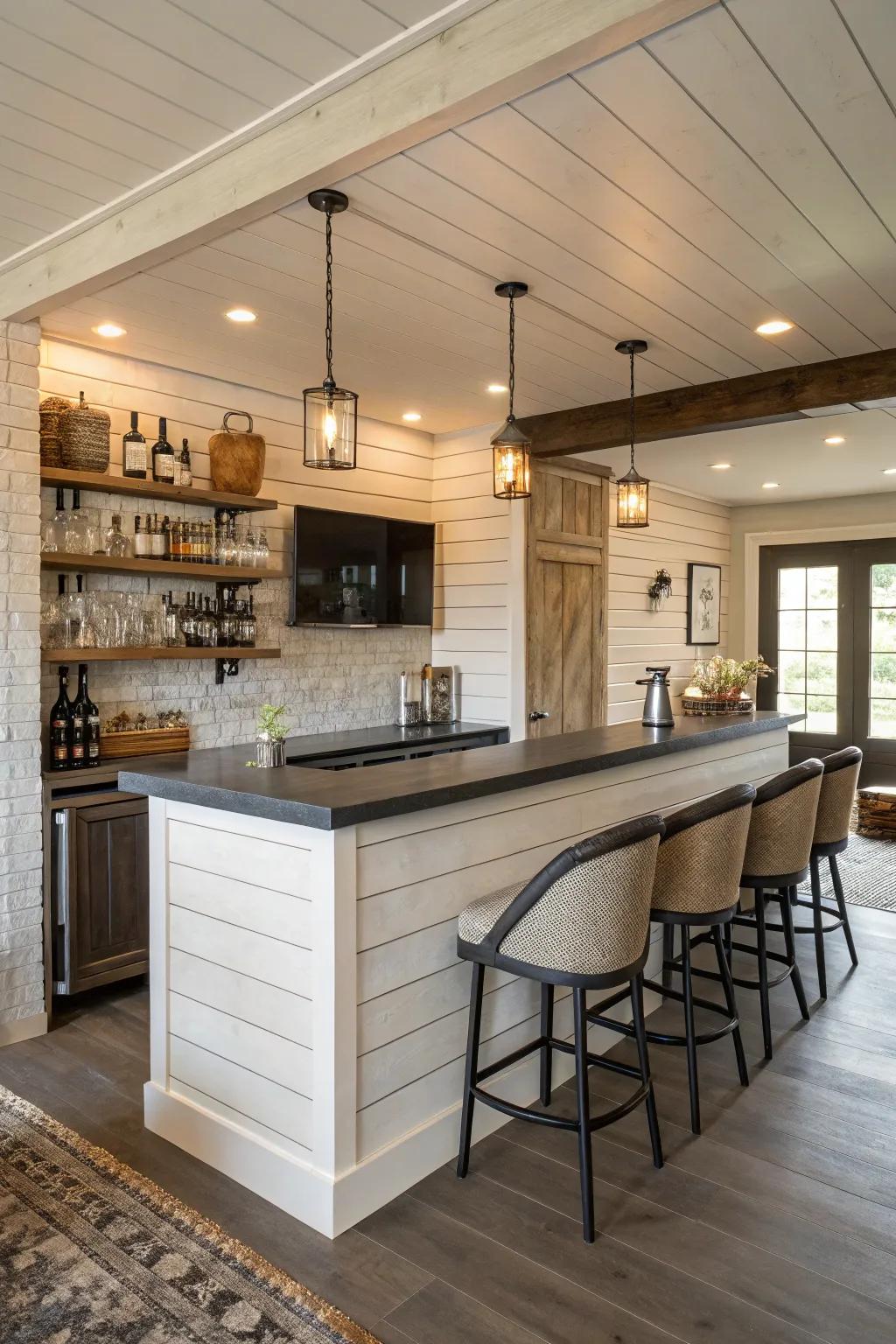 A modern farmhouse L-shaped bar with a blend of styles.