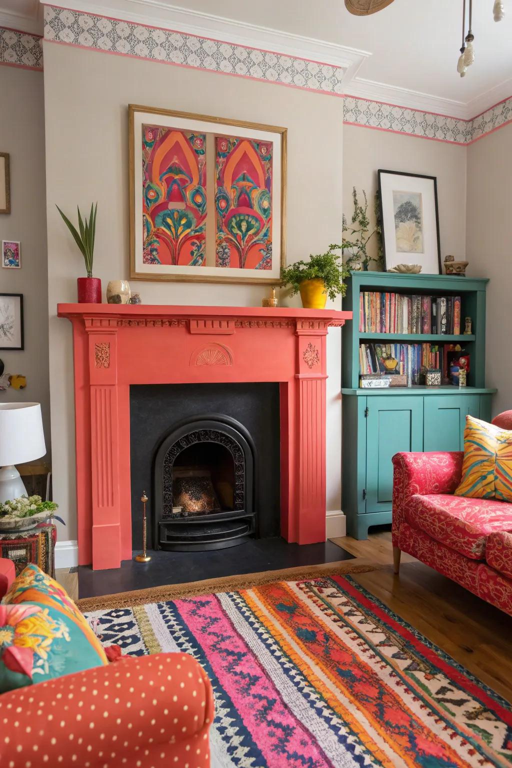 Bold color statements on a plaster fireplace create a vibrant focal point.