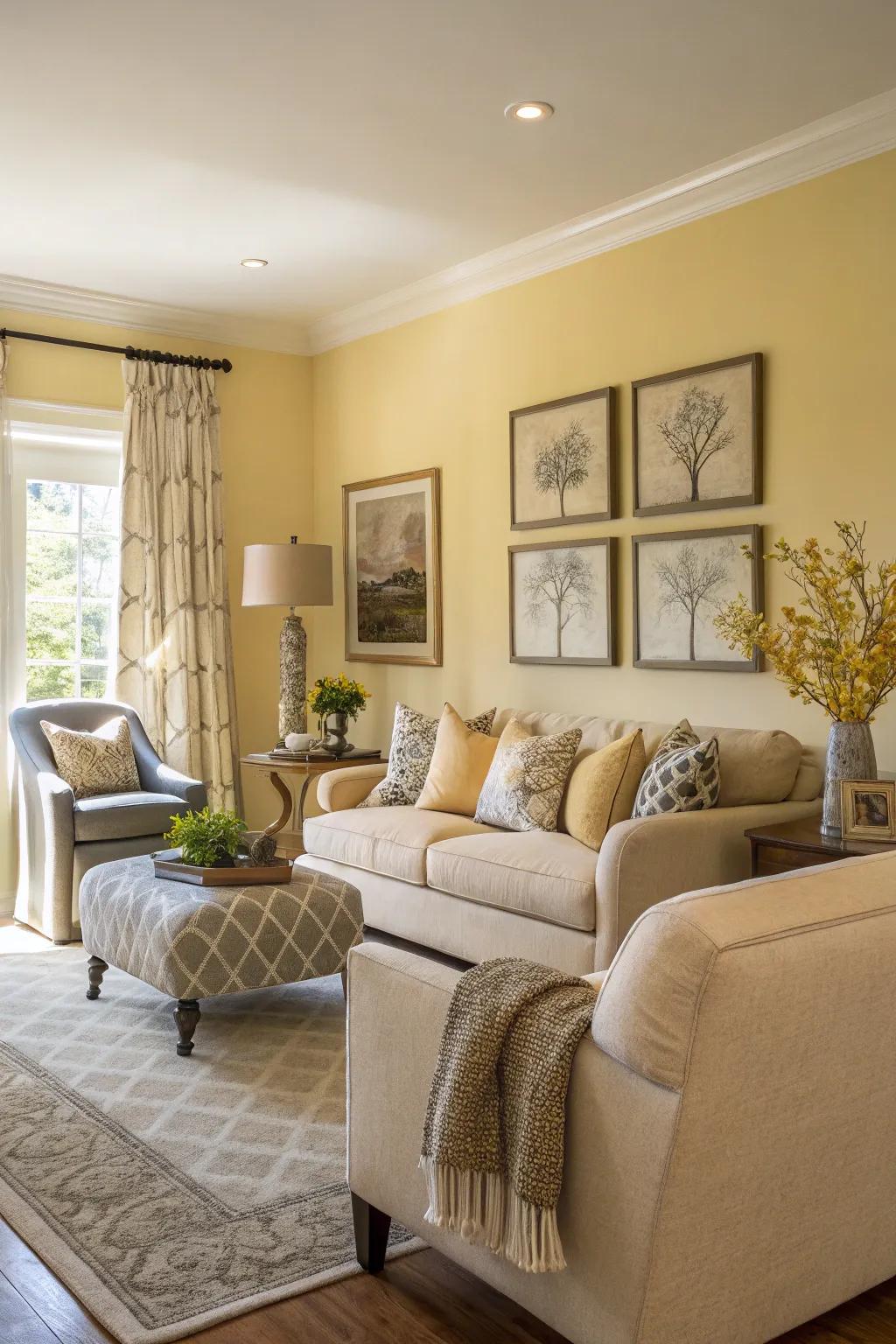 Subtle neutral yellow walls provide a warm and sophisticated backdrop in the living room.