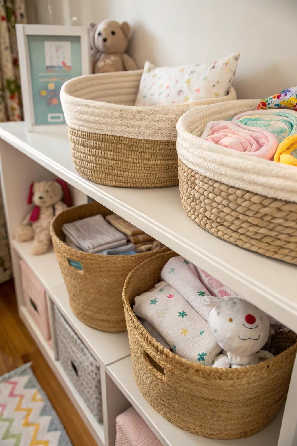 Natural fiber baskets offer stylish and practical storage.