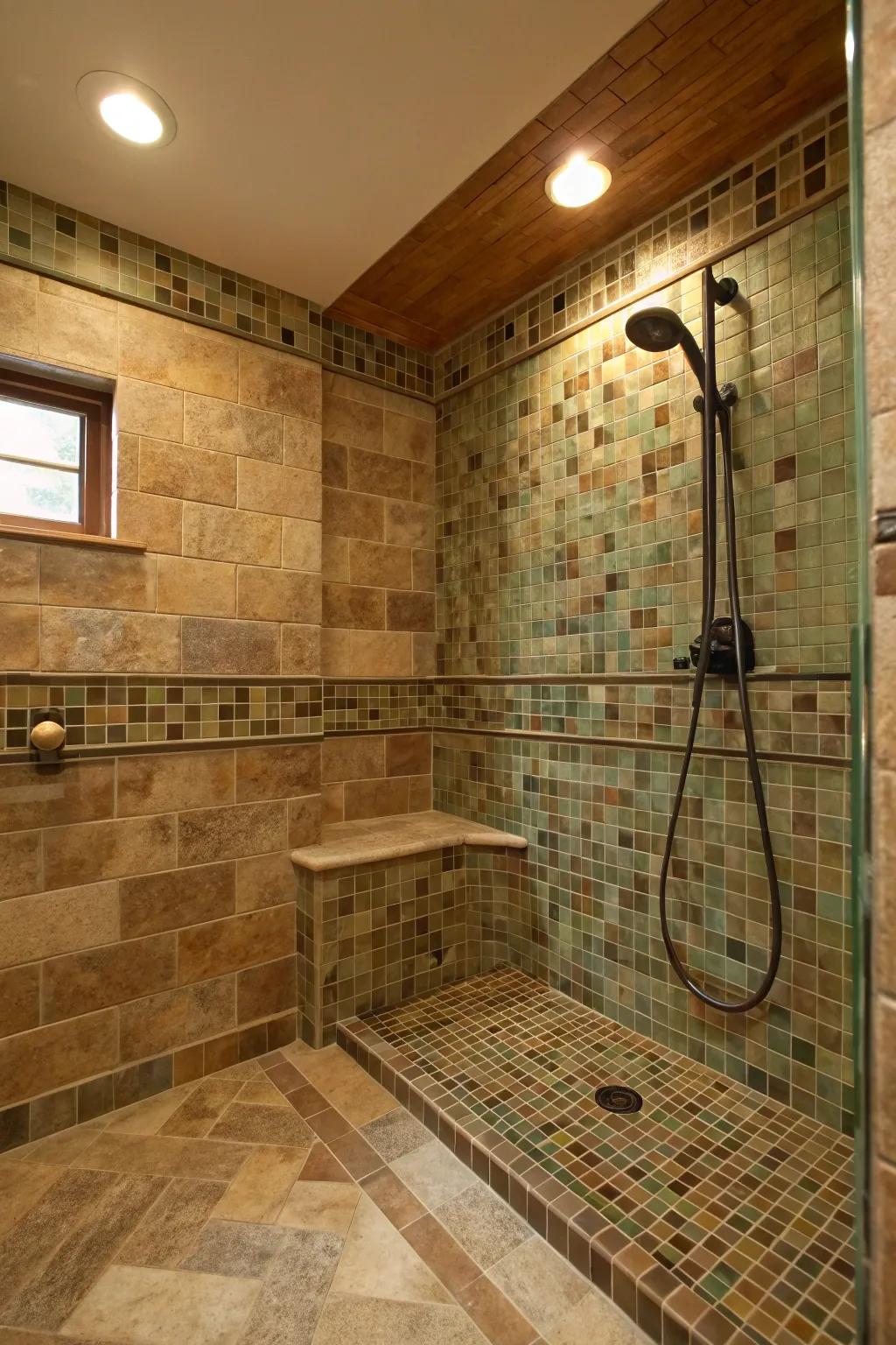 Earth-toned mosaics create a warm and inviting shower retreat.