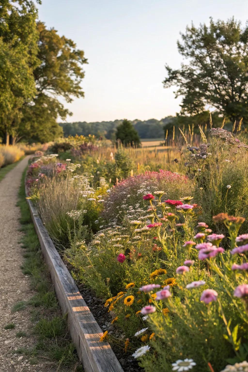 Native plants thrive in narrow flower beds and support local wildlife.