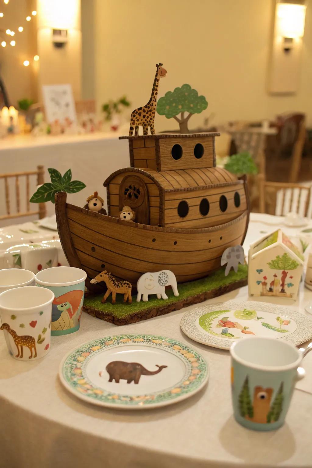 Themed tableware ties the entire Noah's Ark theme together.