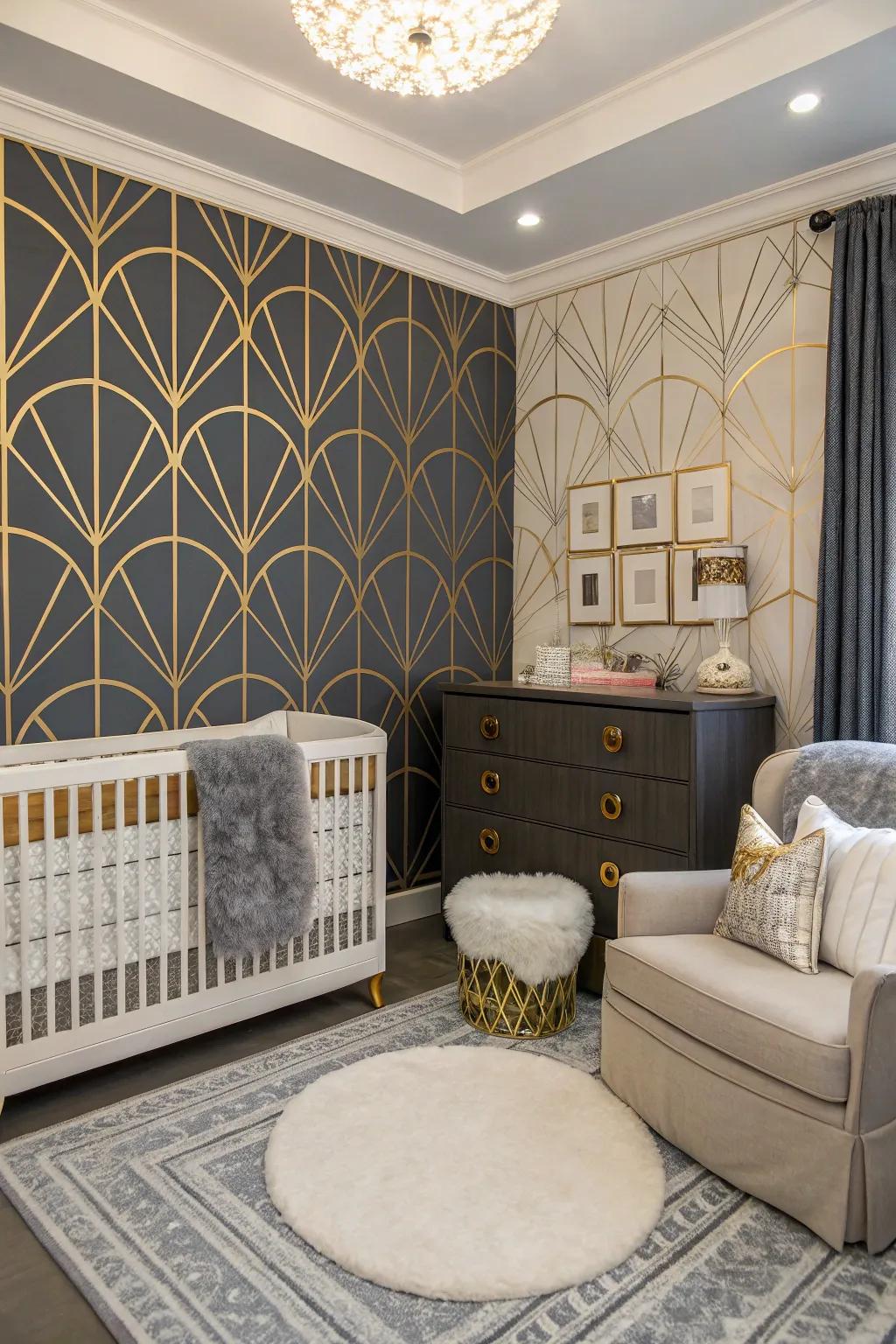 An elegant nursery with an Art Deco accent wall adding sophisticated glamour.