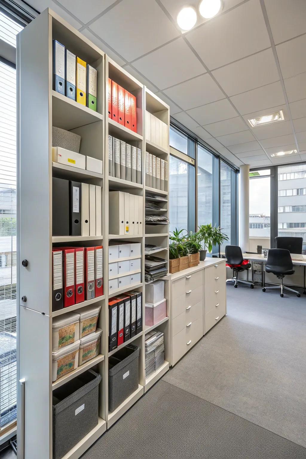 Vertical storage maximizes space and keeps your office tidy.