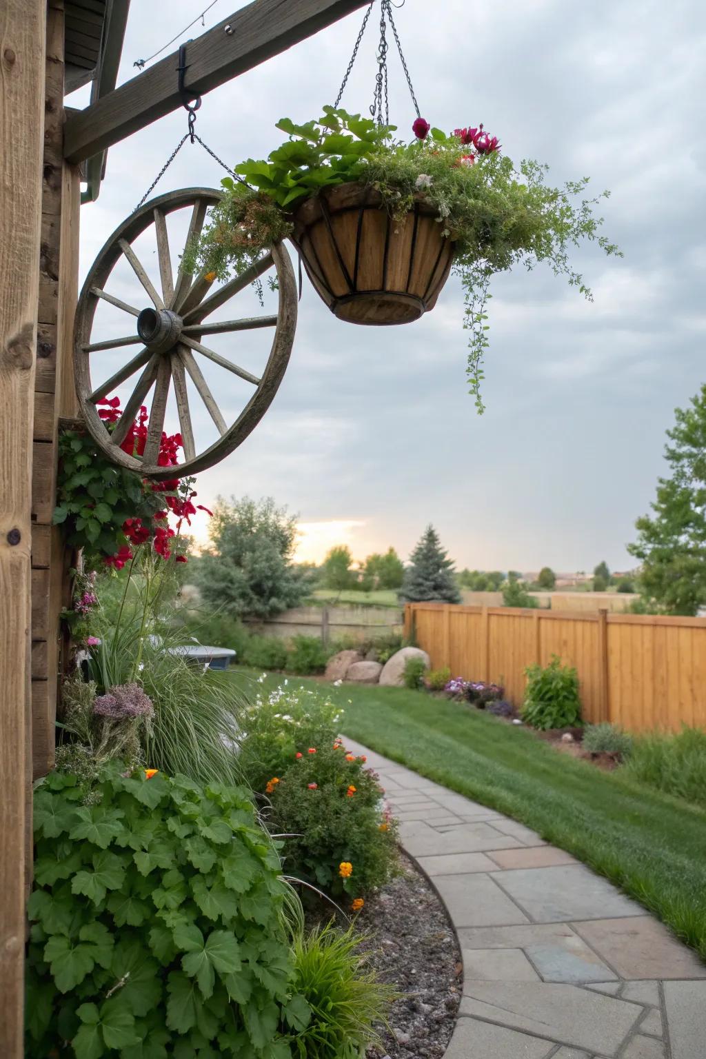 A wagon wheel hanging planter showcases cascading greenery.